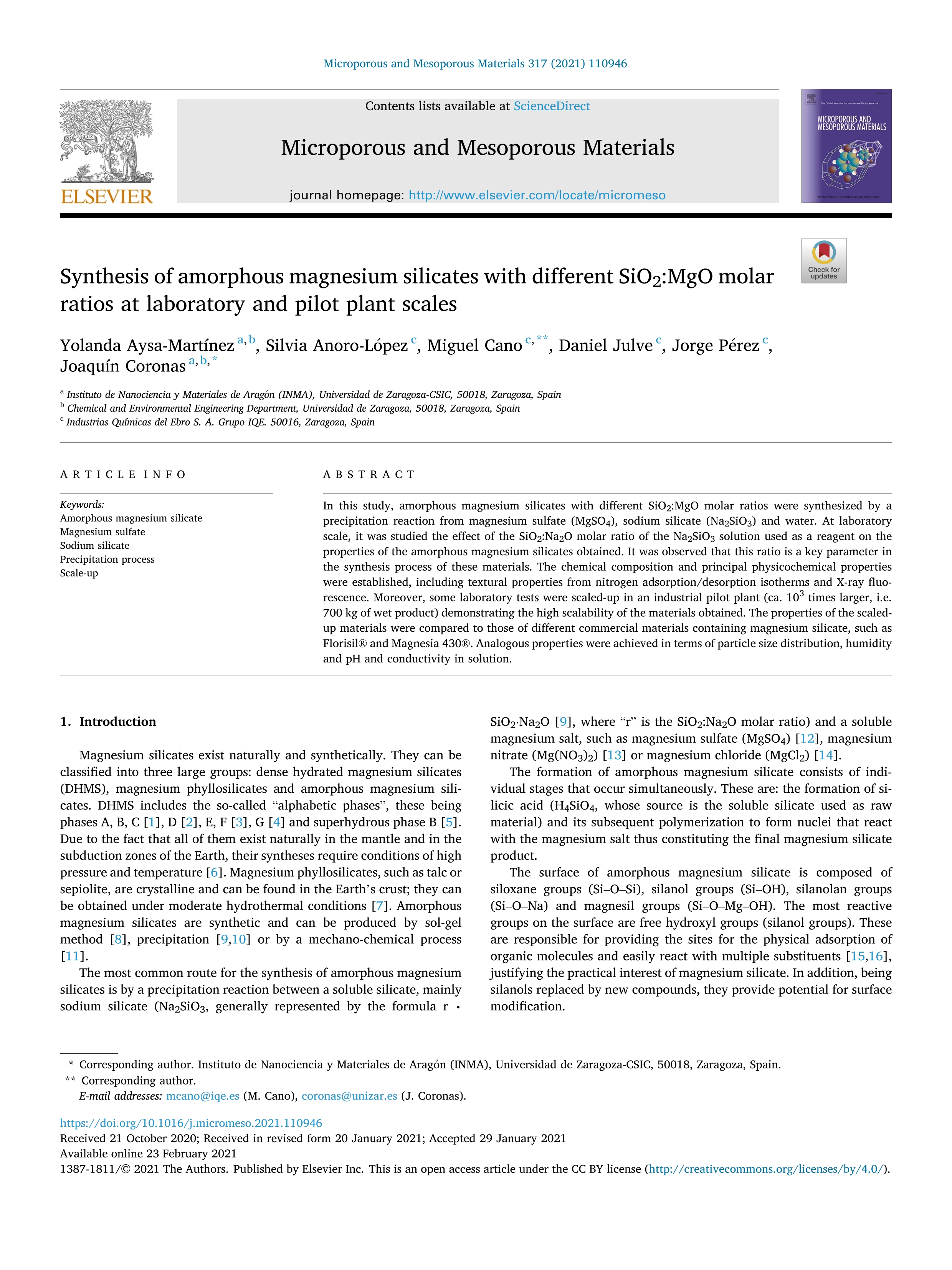 Synthesis of amorphous magnesium silicates with different SiO2:MgO molar ratios at laboratory and pilot plant scales