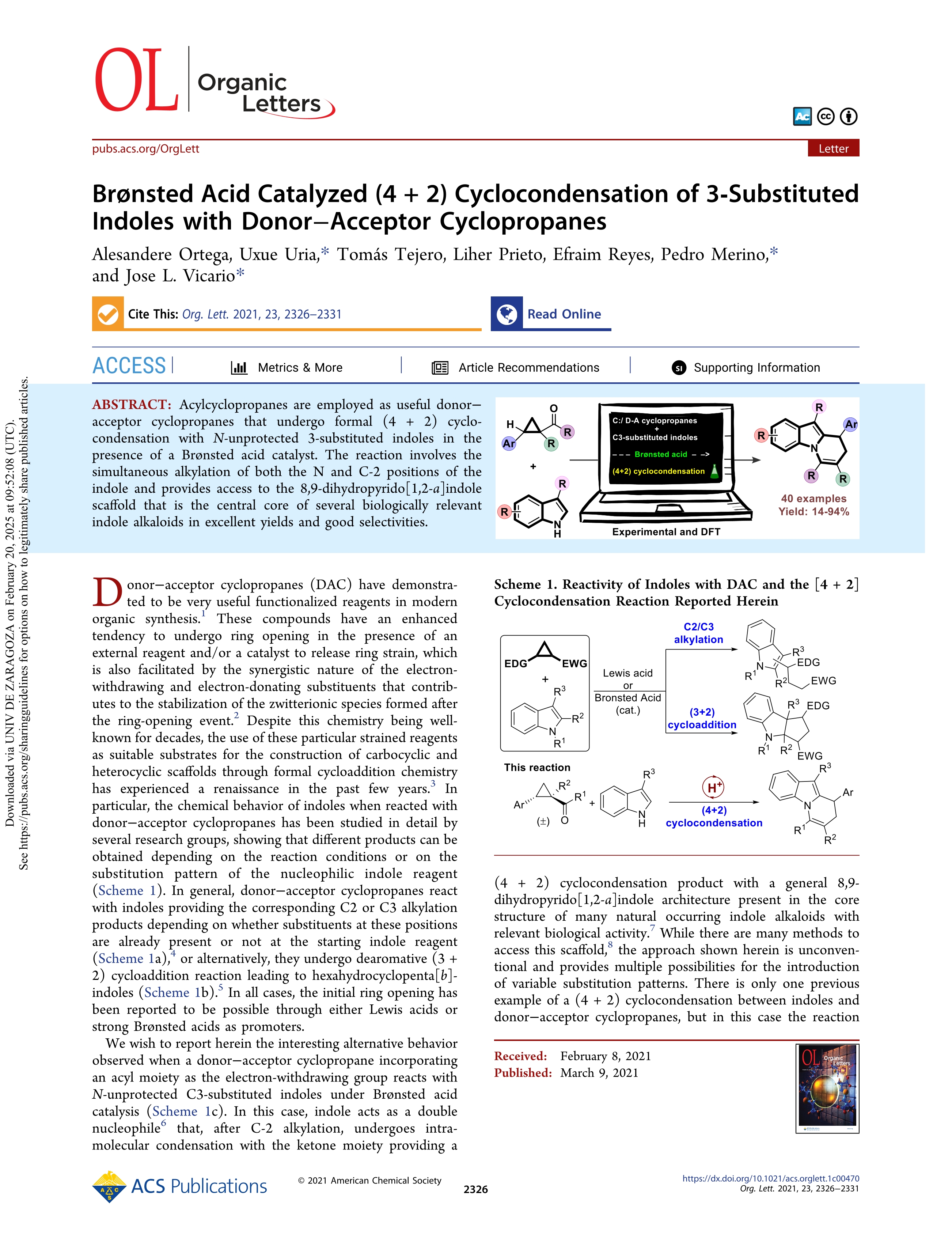 Brønsted Acid Catalyzed (4 + 2) Cyclocondensation of 3-Substituted Indoles with Donor-Acceptor Cyclopropanes