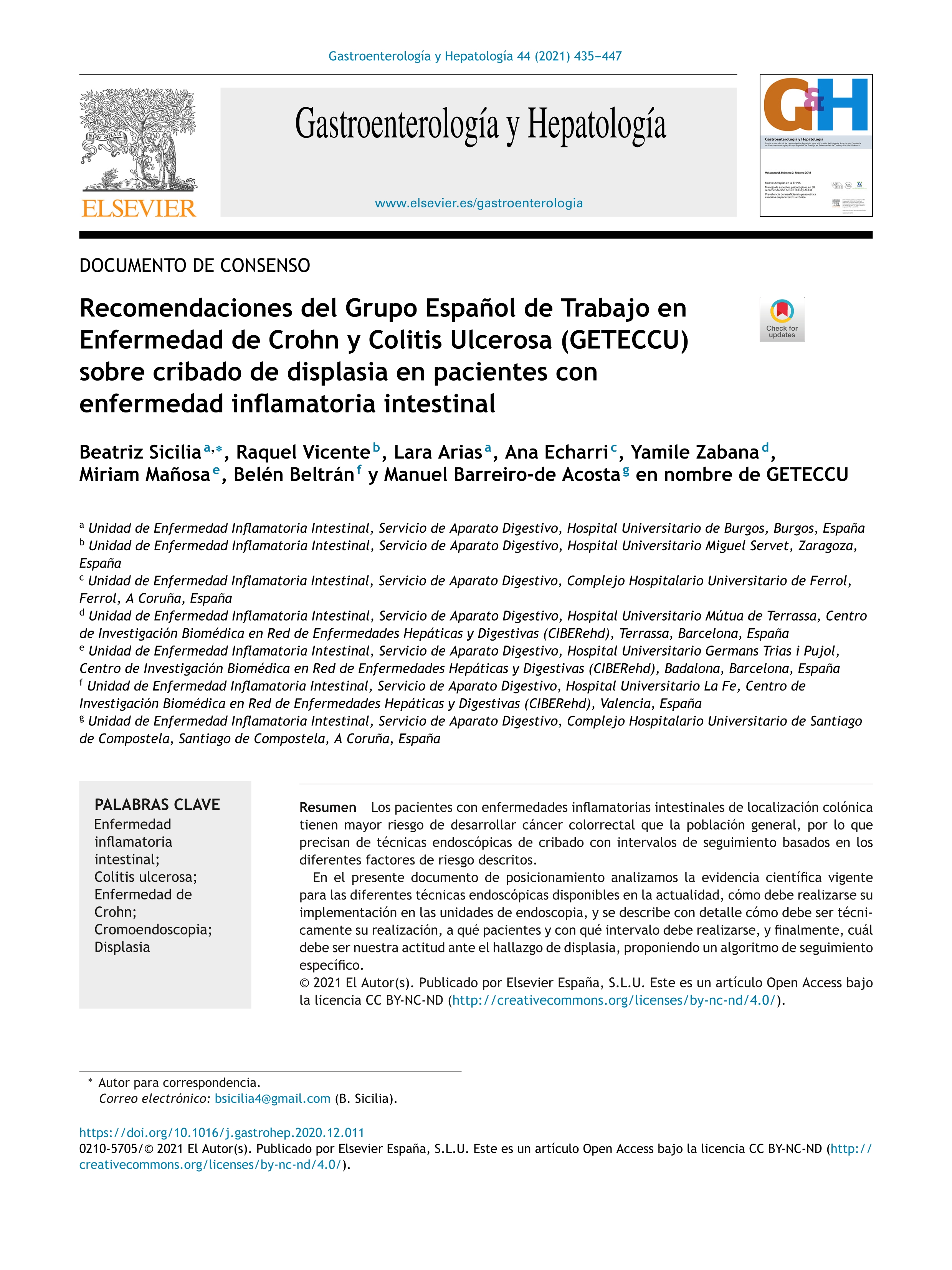 Recomendaciones del Grupo Español de Trabajo en Enfermedad de Crohn y Colitis Ulcerosa (GETECCU) sobre cribado de displasia en pacientes con enfermedad inflamatoria intestinal