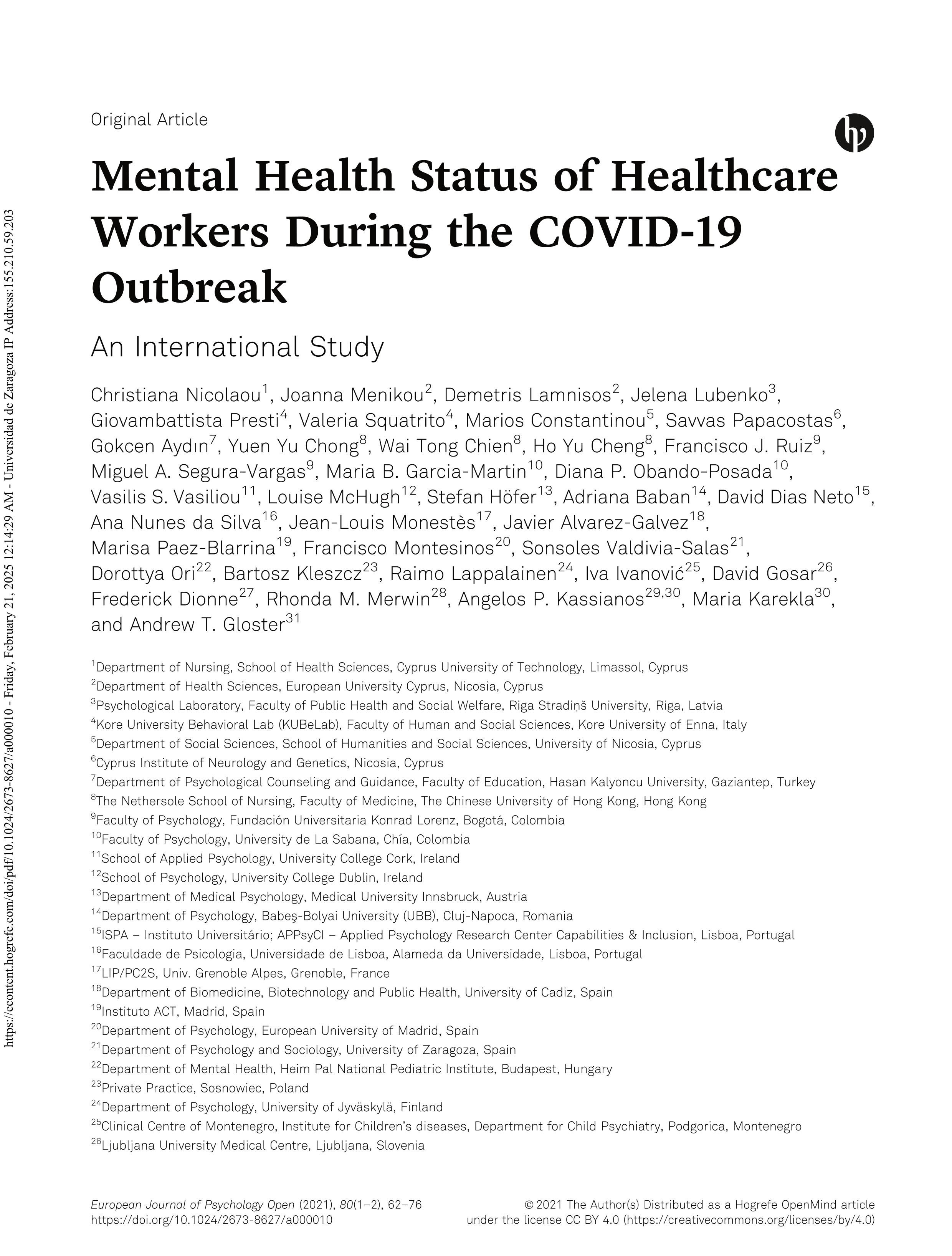 Mental Health Status of Healthcare Workers During the COVID-19 Outbreak An International Study