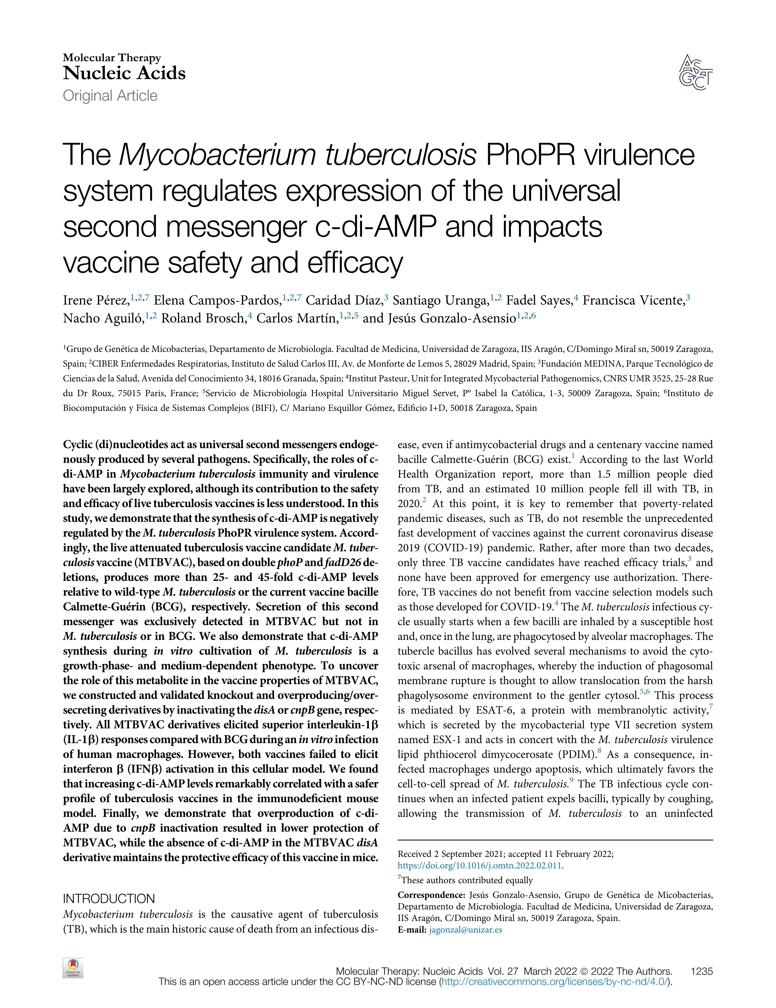 The Mycobacterium tuberculosis PhoPR virulence system regulates expression of the universal second messenger c-di-AMP and impacts vaccine safety and efficacy