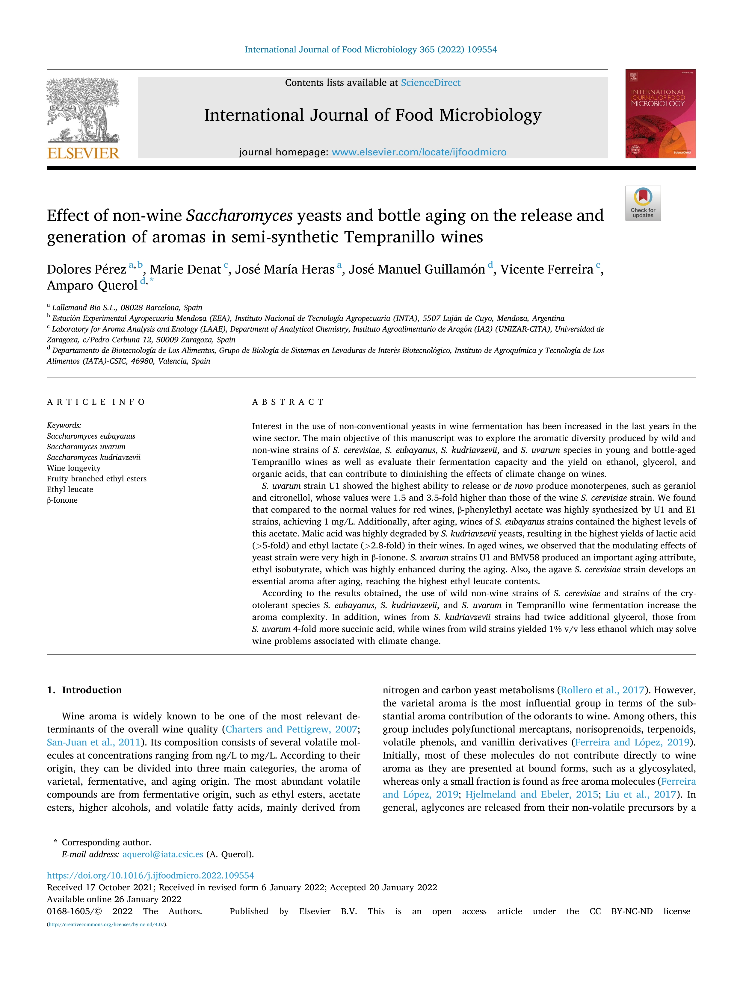 Effect of non-wine Saccharomyces yeasts and bottle aging on the release and generation of aromas in semi-synthetic Tempranillo wines; 35093767