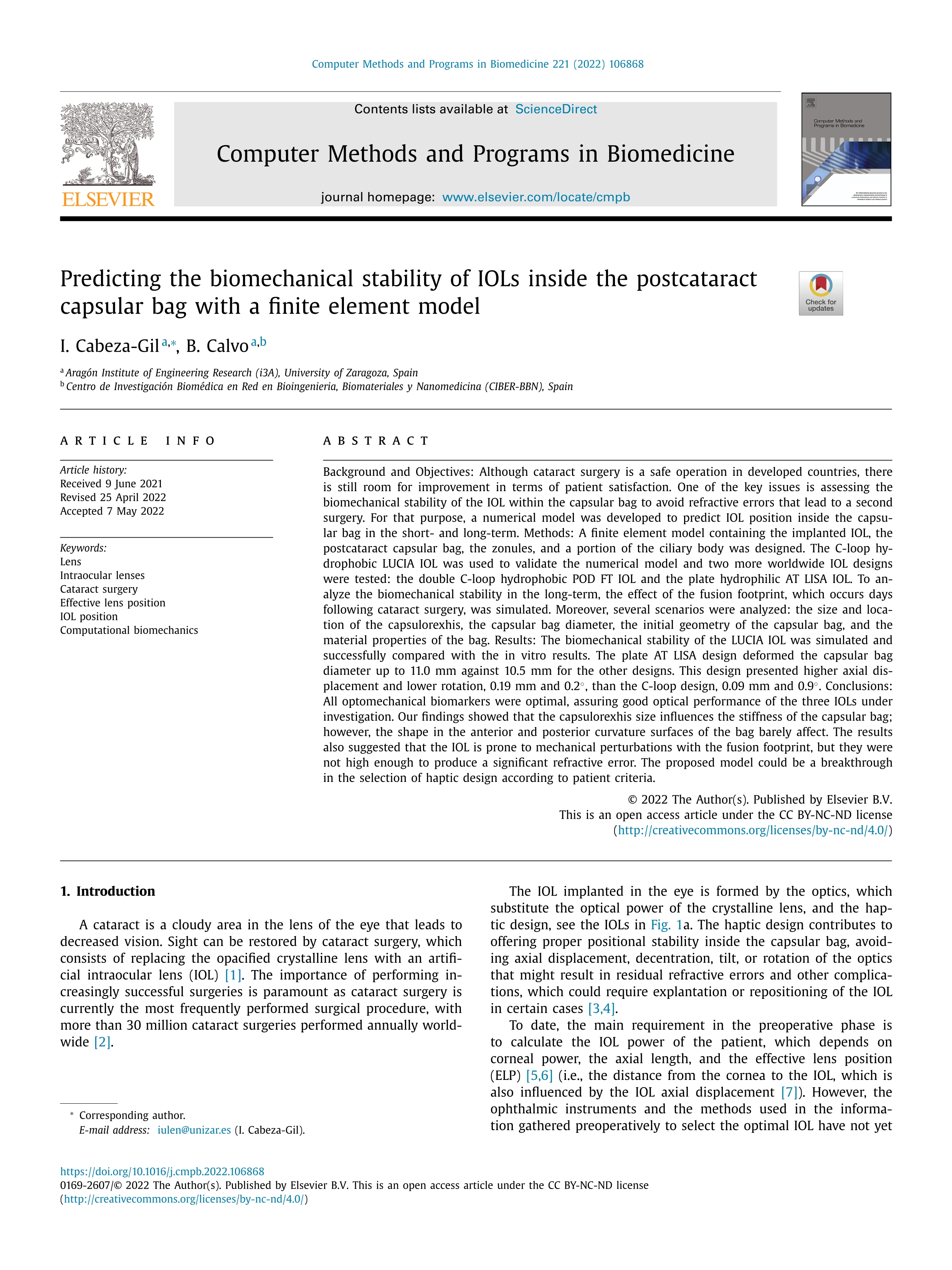 Predicting the biomechanical stability of IOLs inside the postcataract capsular bag with a finite element model: Predicting the IOL position after cataract surgery
