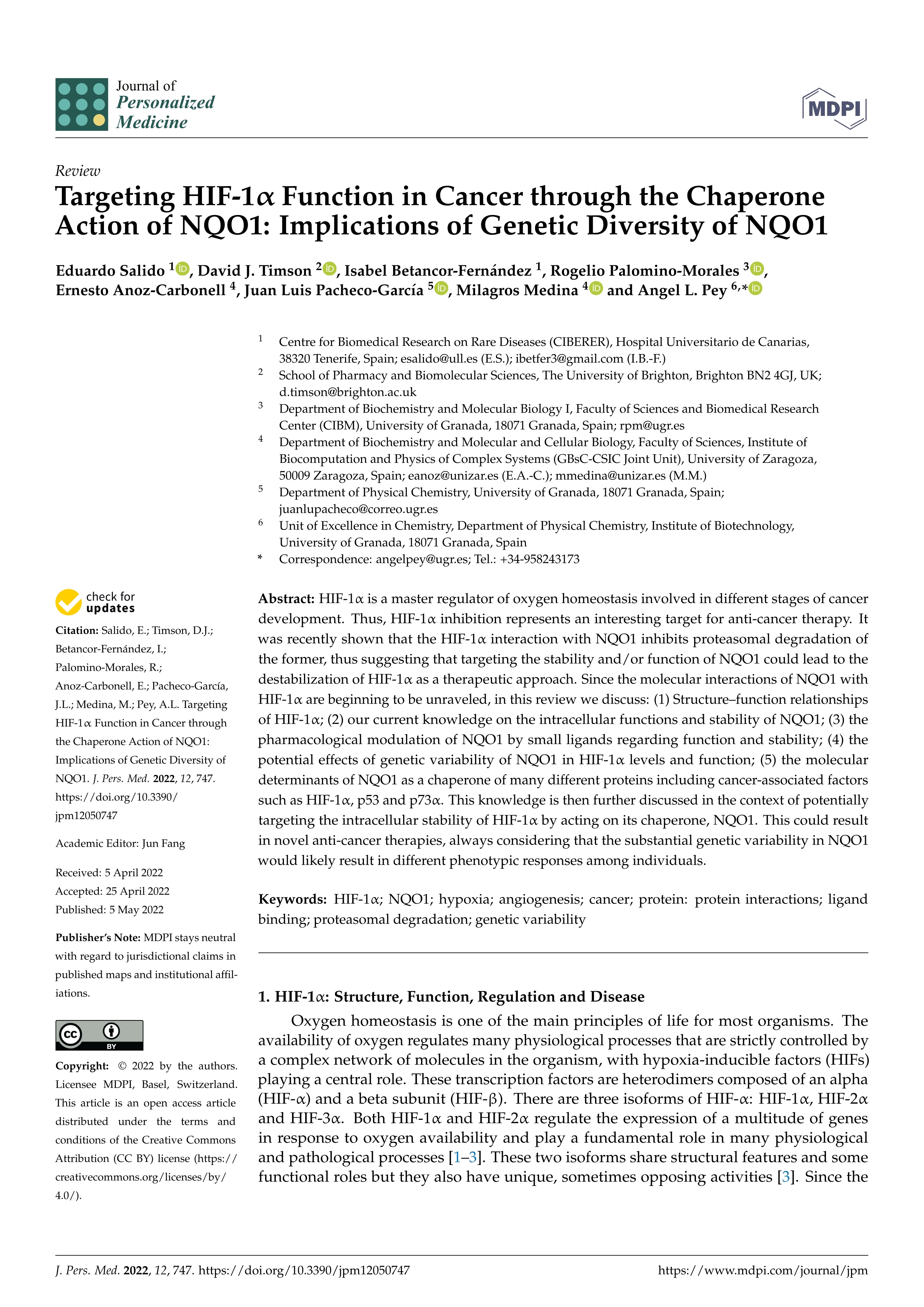 Targeting HIF-1a Function in Cancer through the Chaperone Action of NQO1: Implications of Genetic Diversity of NQO1