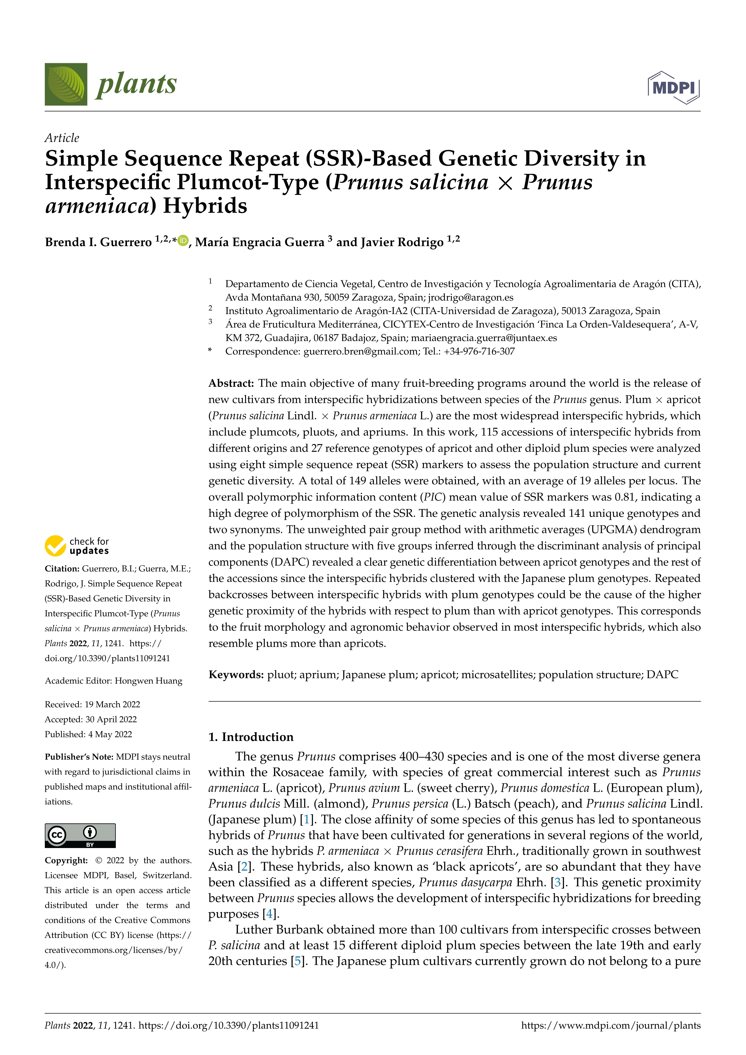 Simple Sequence Repeat (SSR)-Based Genetic Diversity in Interspecific Plumcot-Type (Prunus salicina X Prunus armeniaca) Hybrids