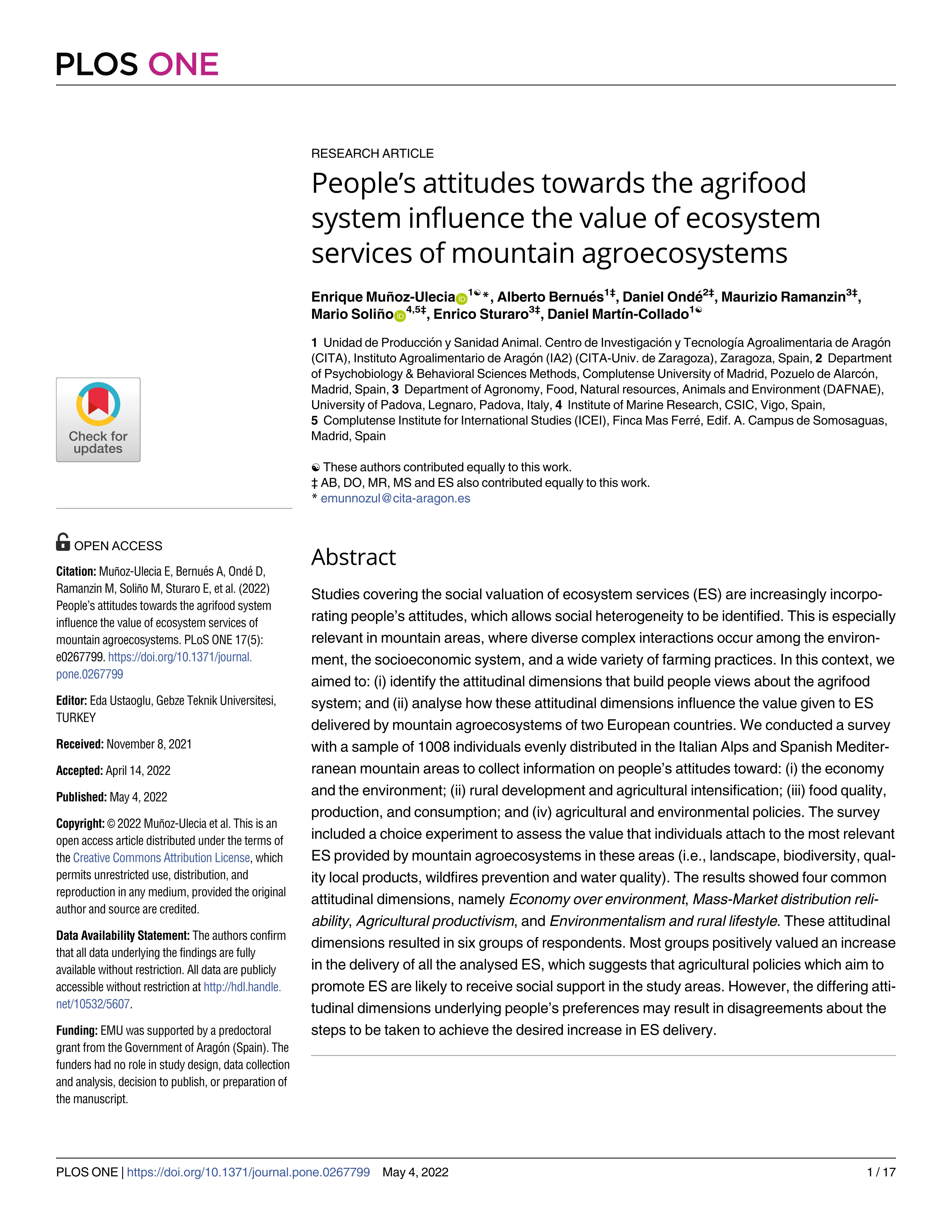 People’s attitudes towards the agrifood system influence the value of ecosystem services of mountain agroecosystems; 35507599