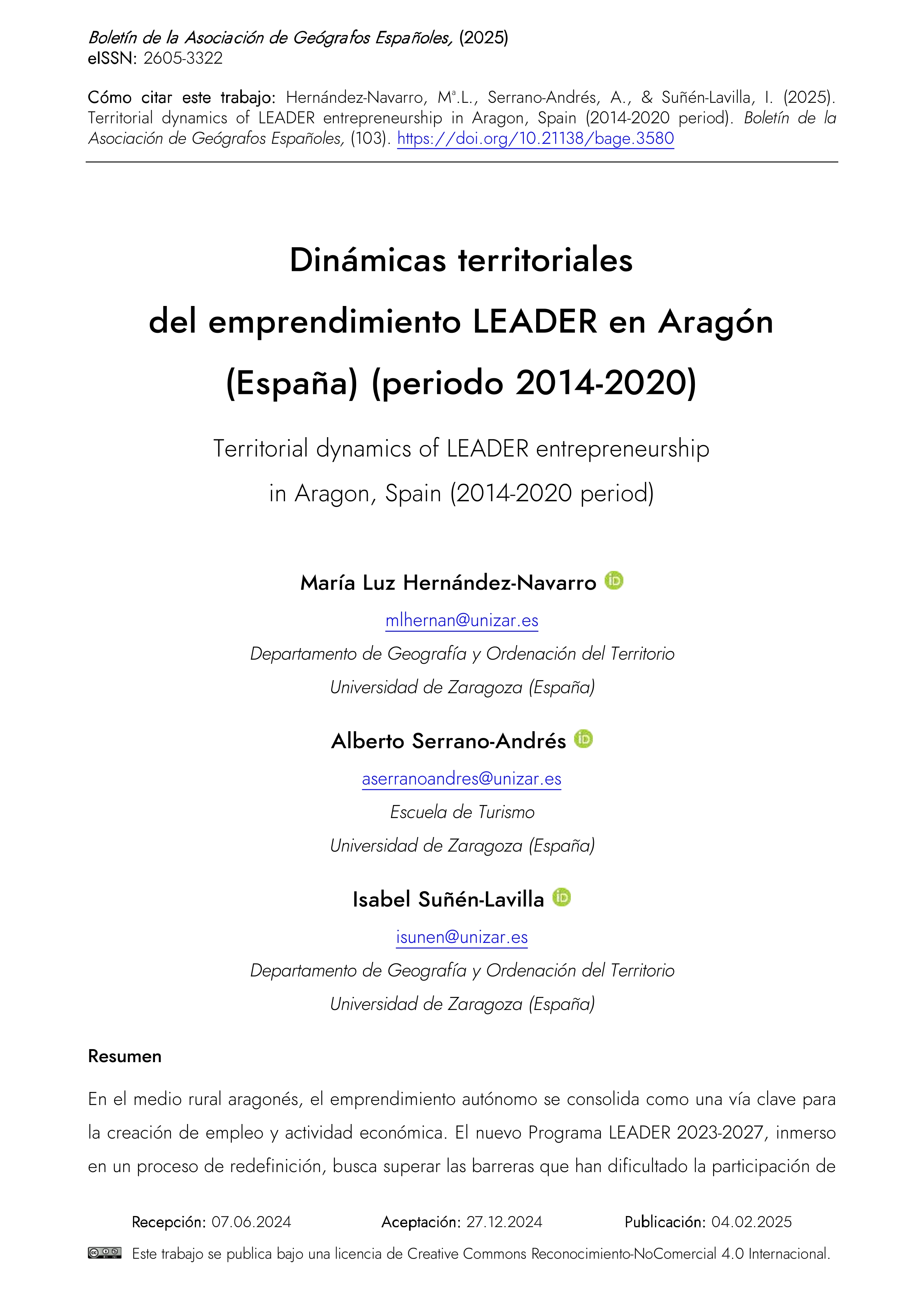 Dinámicas territoriales del emprendimiento LEADER en Aragón (España) (periodo 2014-2020)