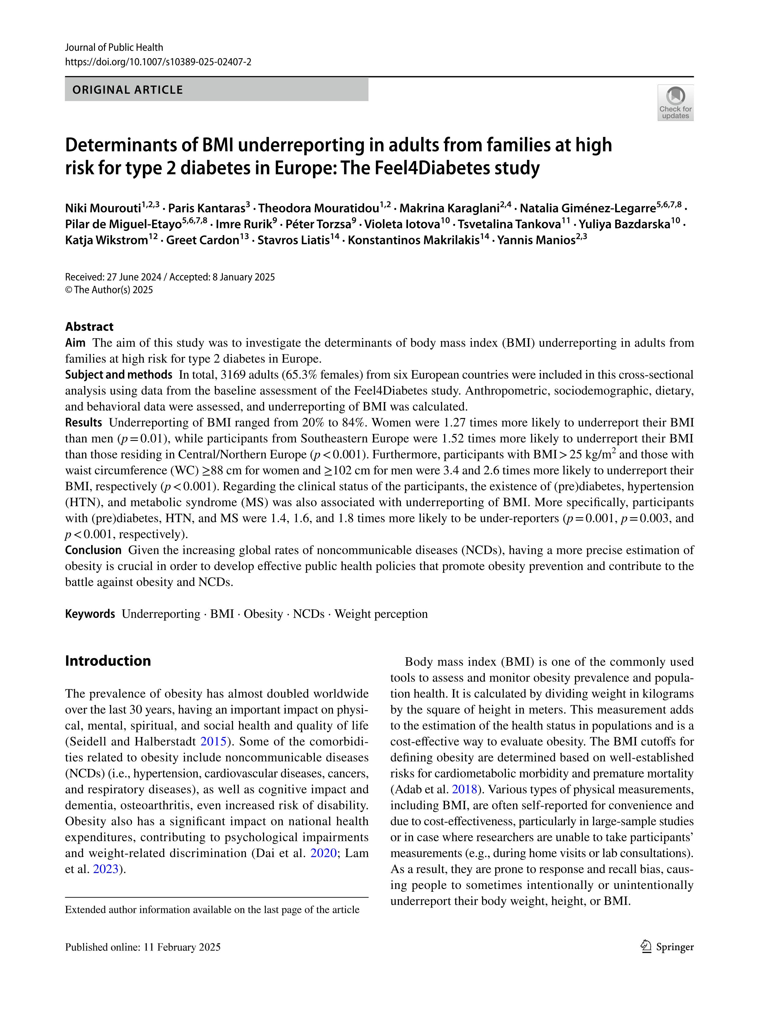 Determinants of BMI underreporting in adults from families at high risk for type 2 diabetes in Europe: The Feel4Diabetes study