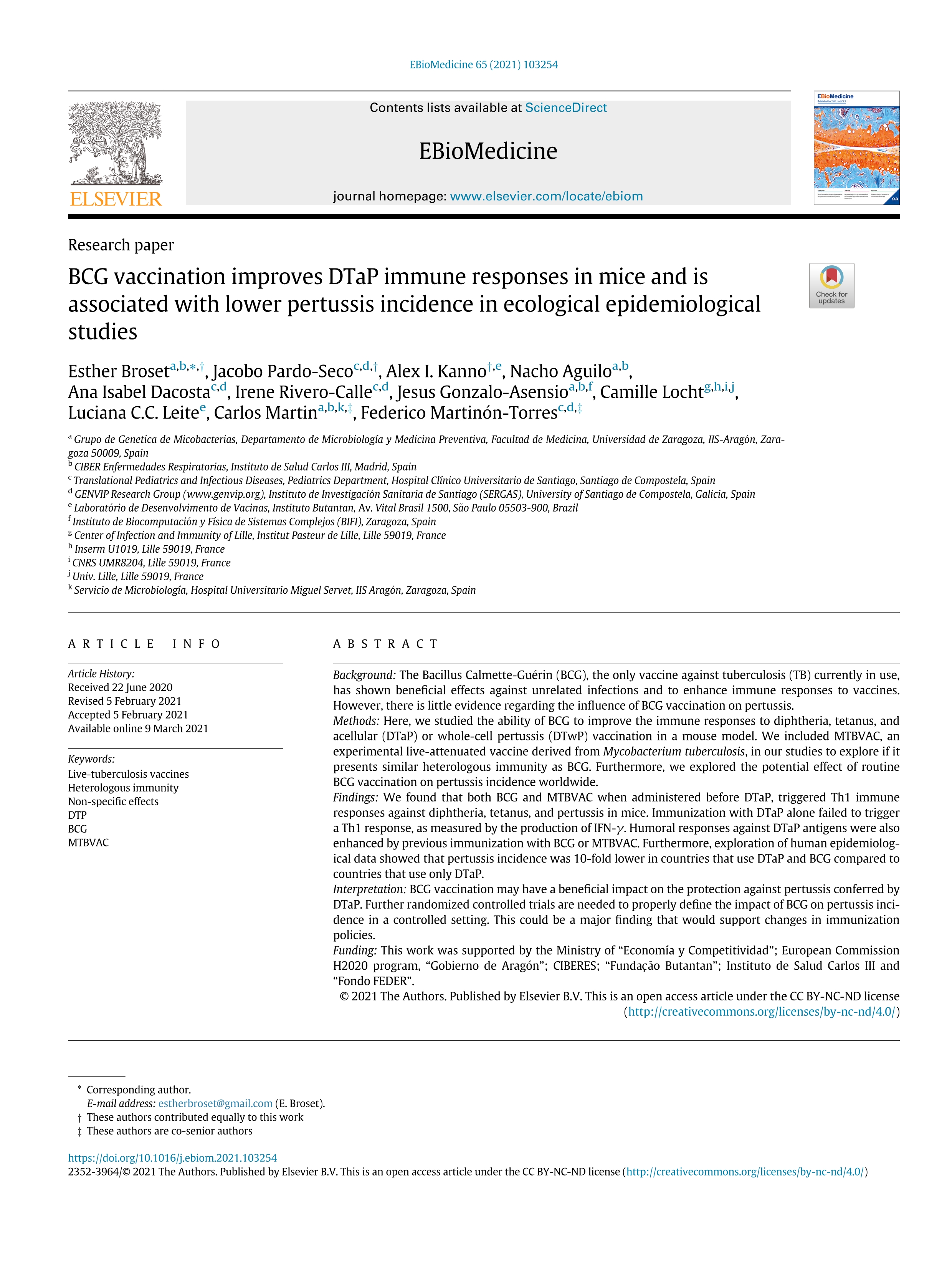 BCG vaccination improves DTaP immune responses in mice and is associated with lower pertussis incidence in ecological epidemiological studies