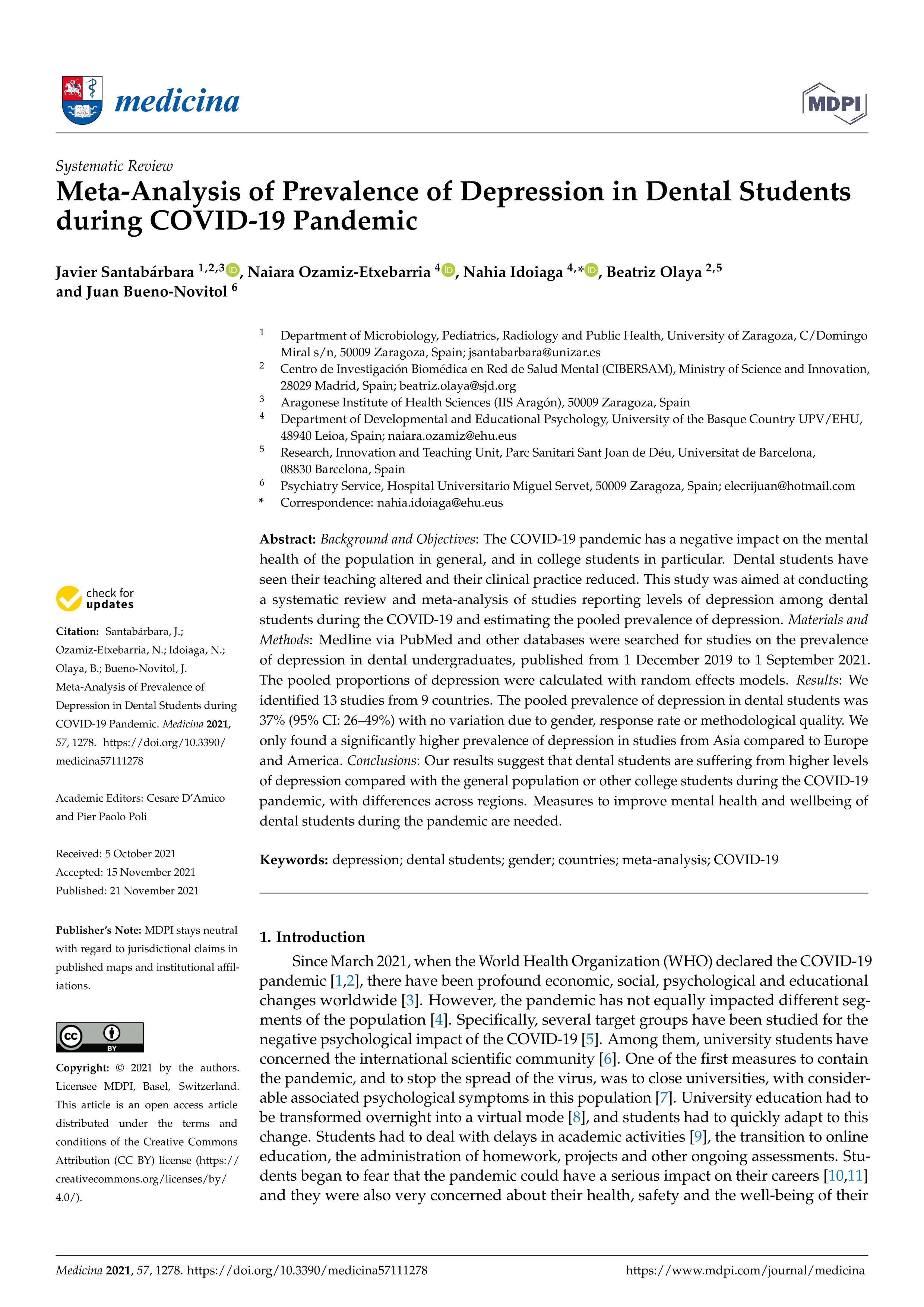 Meta-analysis of prevalence of depression in dental students during covid-19 pandemic