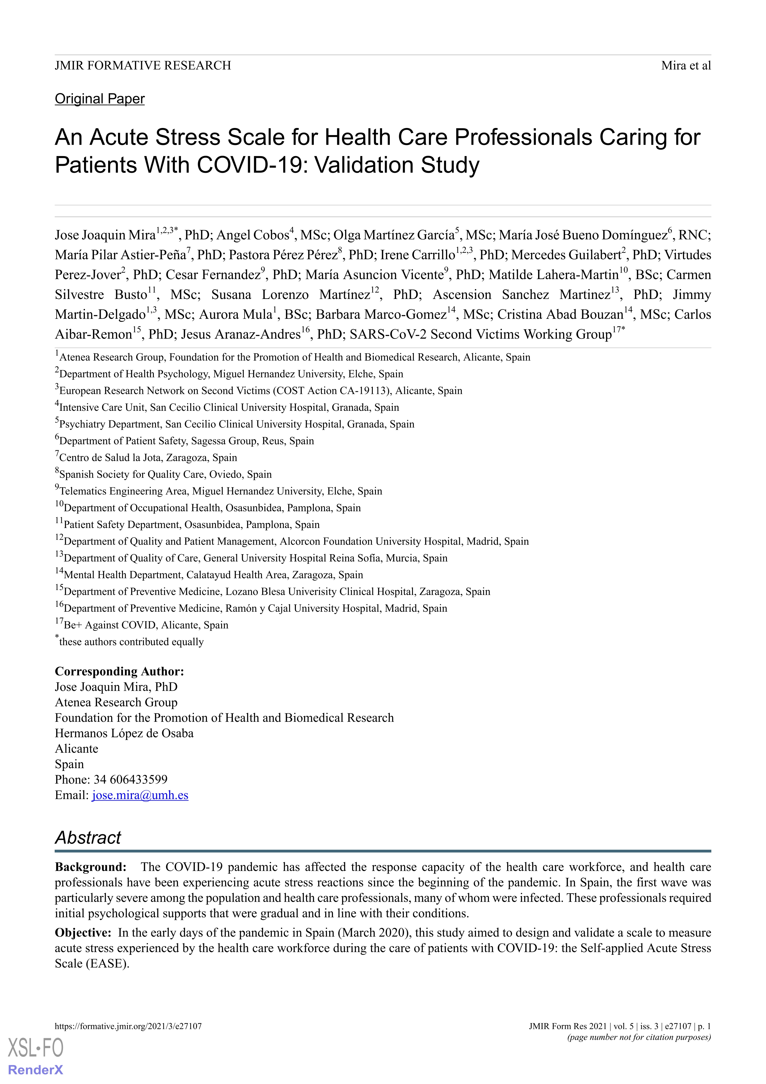 An acute stress scale for health care professionals caring for patients with covid-19: Validation study