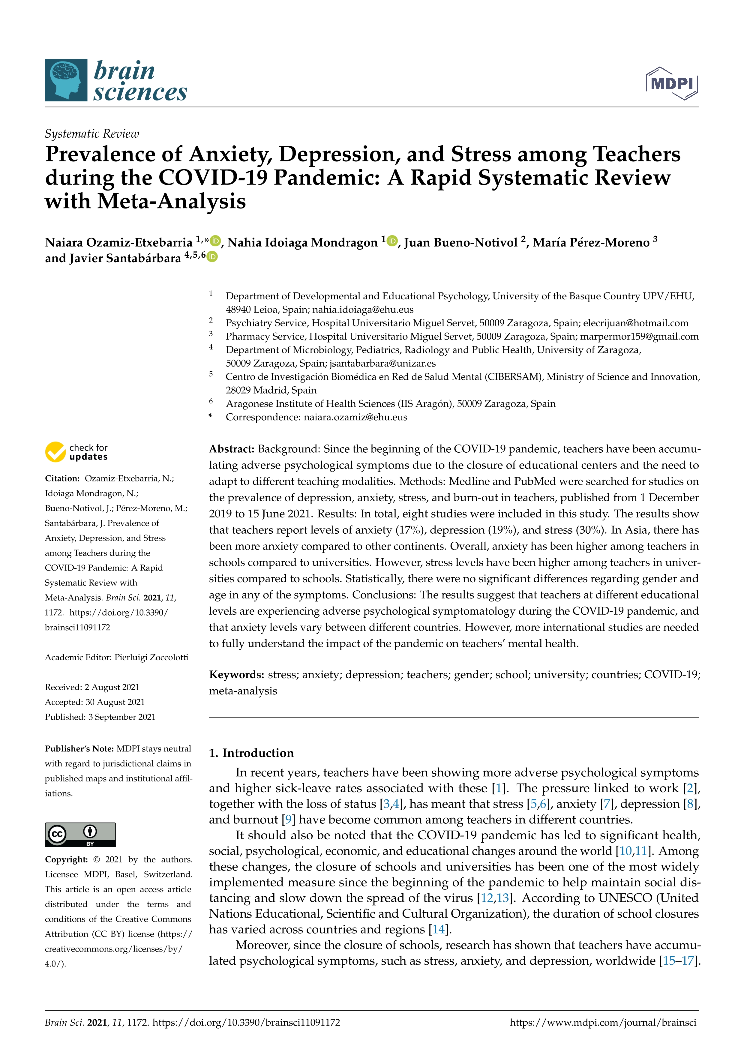 Prevalence of anxiety, depression, and stress among teachers during the covid-19 pandemic: A rapid systematic review with meta-analysis