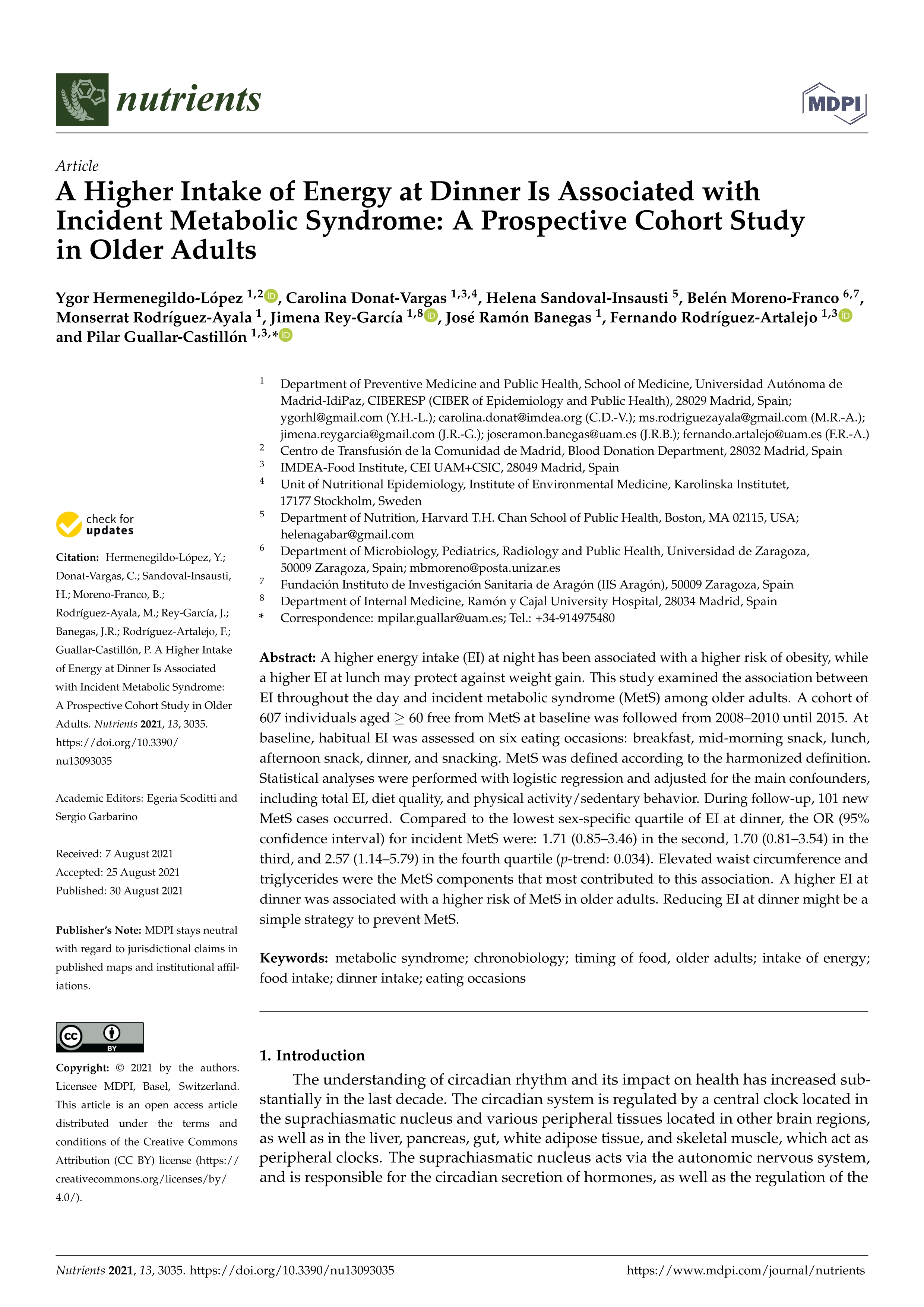 A higher intake of energy at dinner is associated with incident metabolic syndrome: A prospective cohort study in older adults