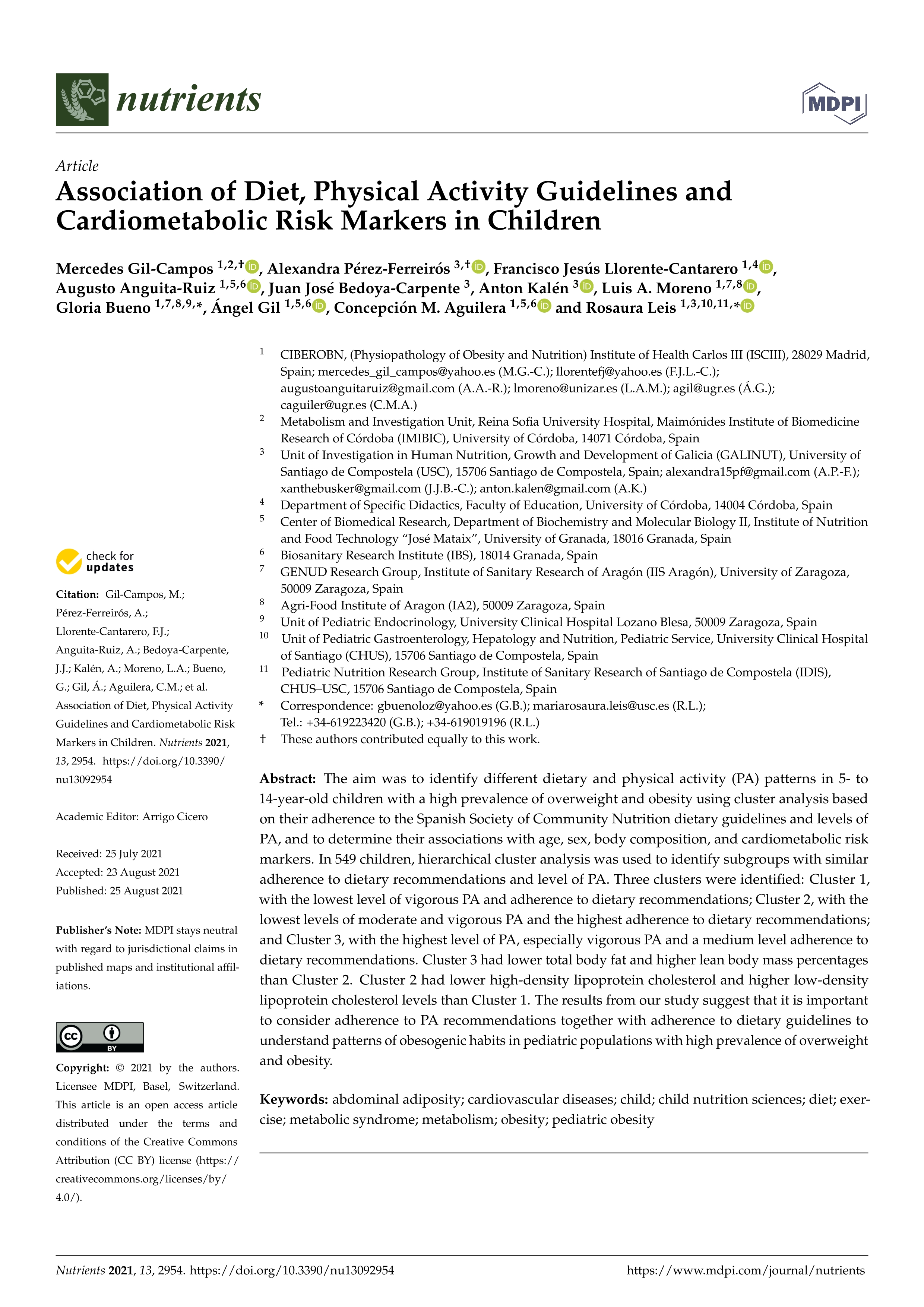 Association of diet, physical activity guidelines and cardiometabolic risk markers in children