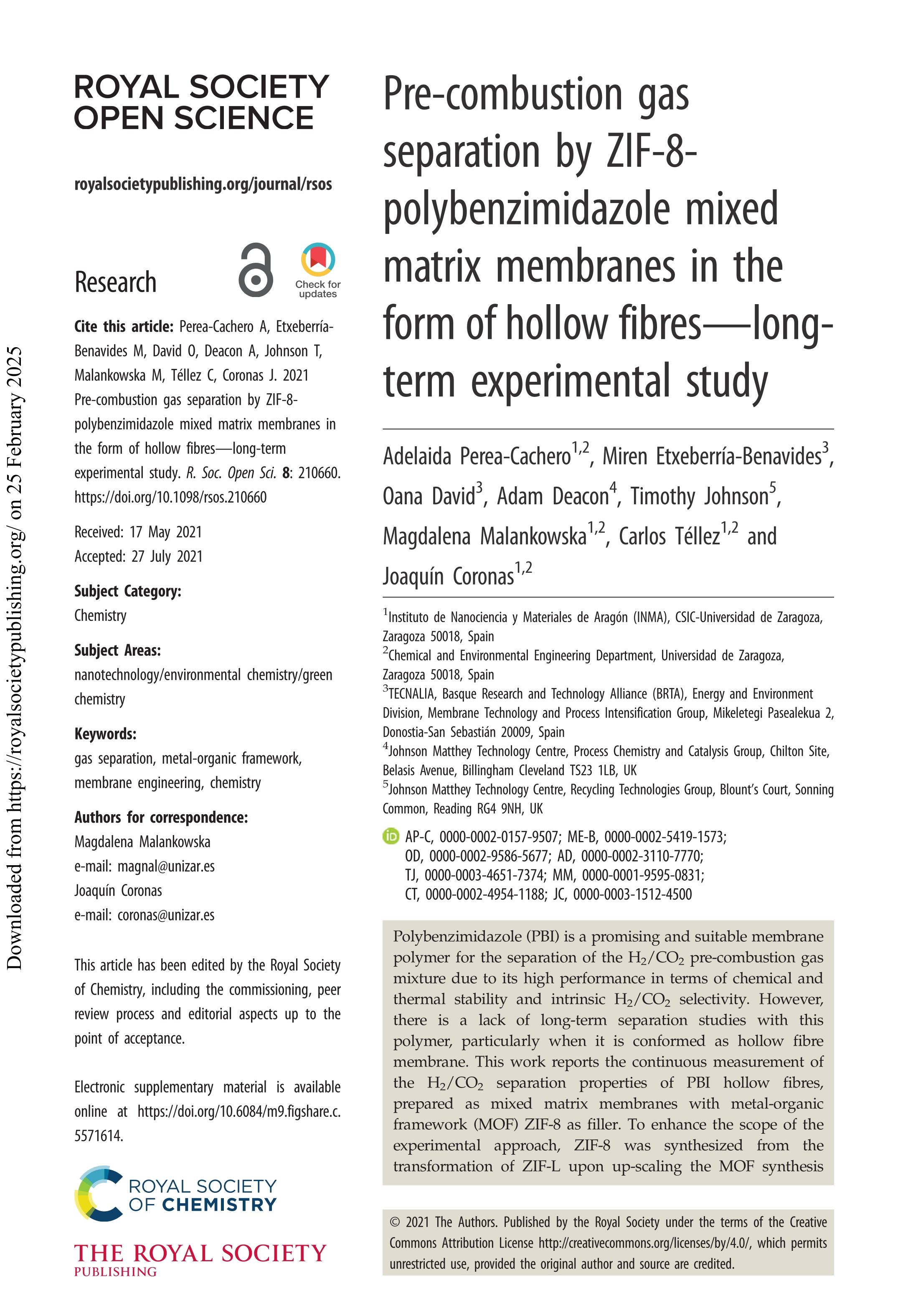 Pre-combustion gas separation by ZIF-8-polybenzimidazole mixed matrix membranes in the form of hollow fibres - Long-term experimental study
