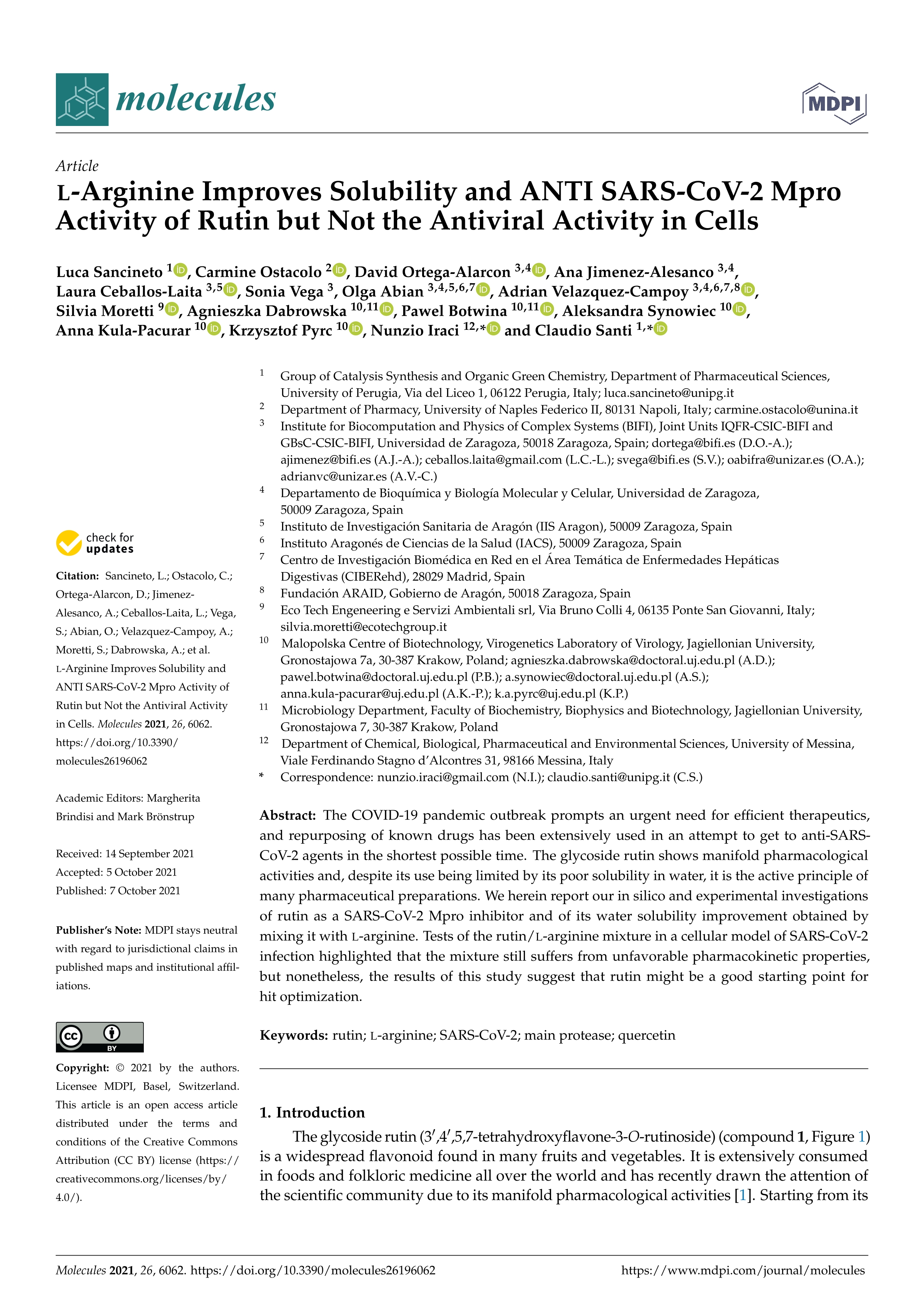 l-Arginine Improves Solubility and ANTI SARS-CoV-2 Mpro Activity of Rutin but Not the Antiviral Activity in Cells