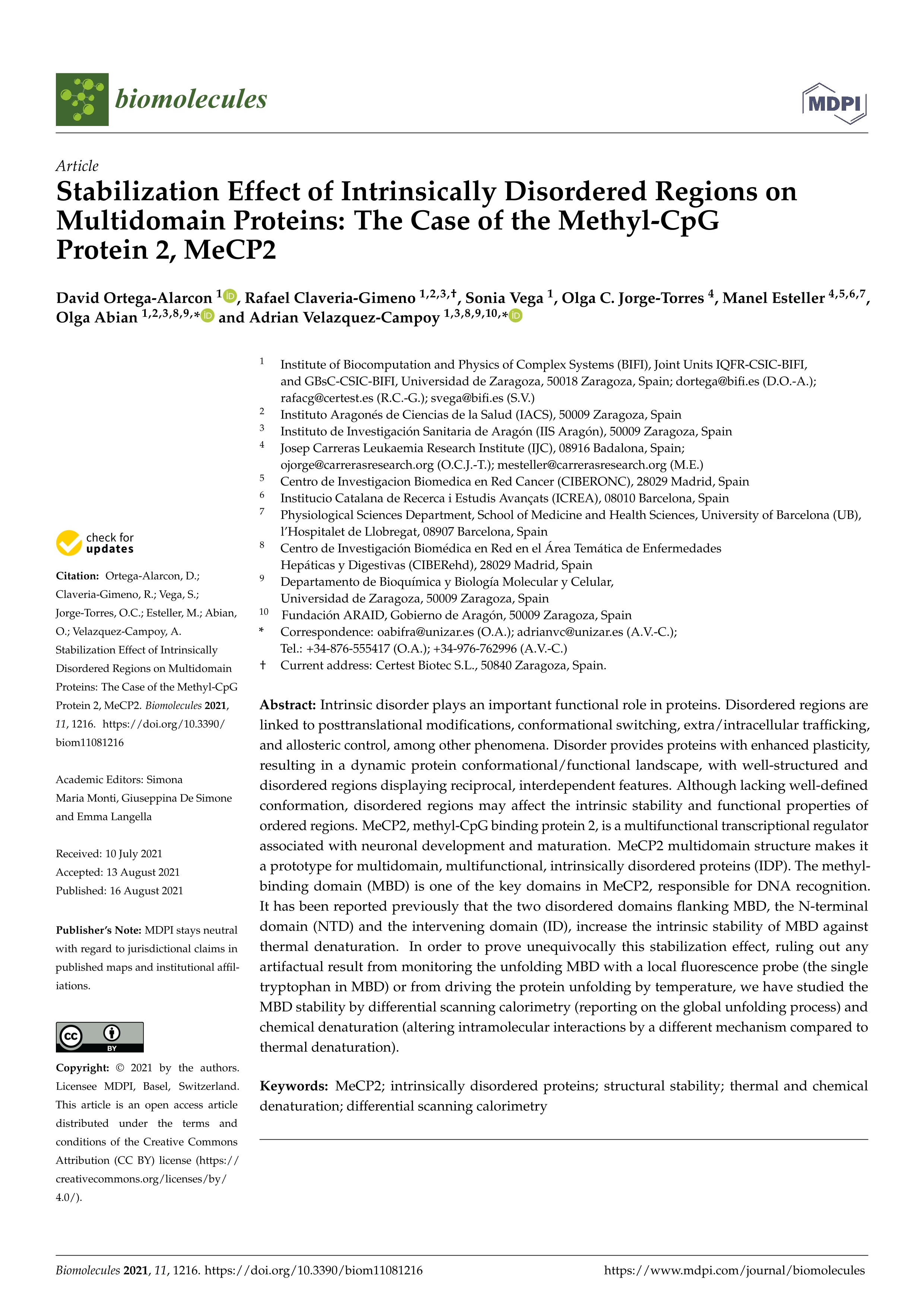 Stabilization Effect of Intrinsically Disordered Regions on Multidomain Proteins: The Case of the Methyl-CpG Protein 2, MeCP2