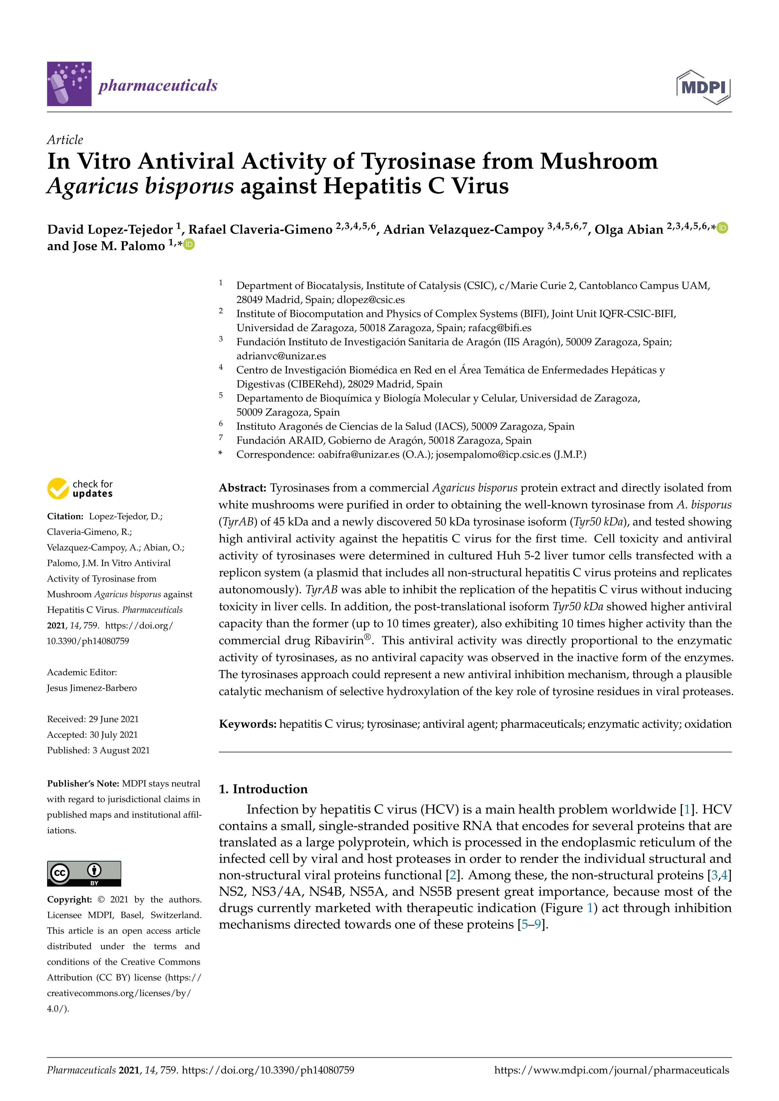 In Vitro Antiviral Activity of Tyrosinase from Mushroom Agaricus bisporus against Hepatitis C Virus