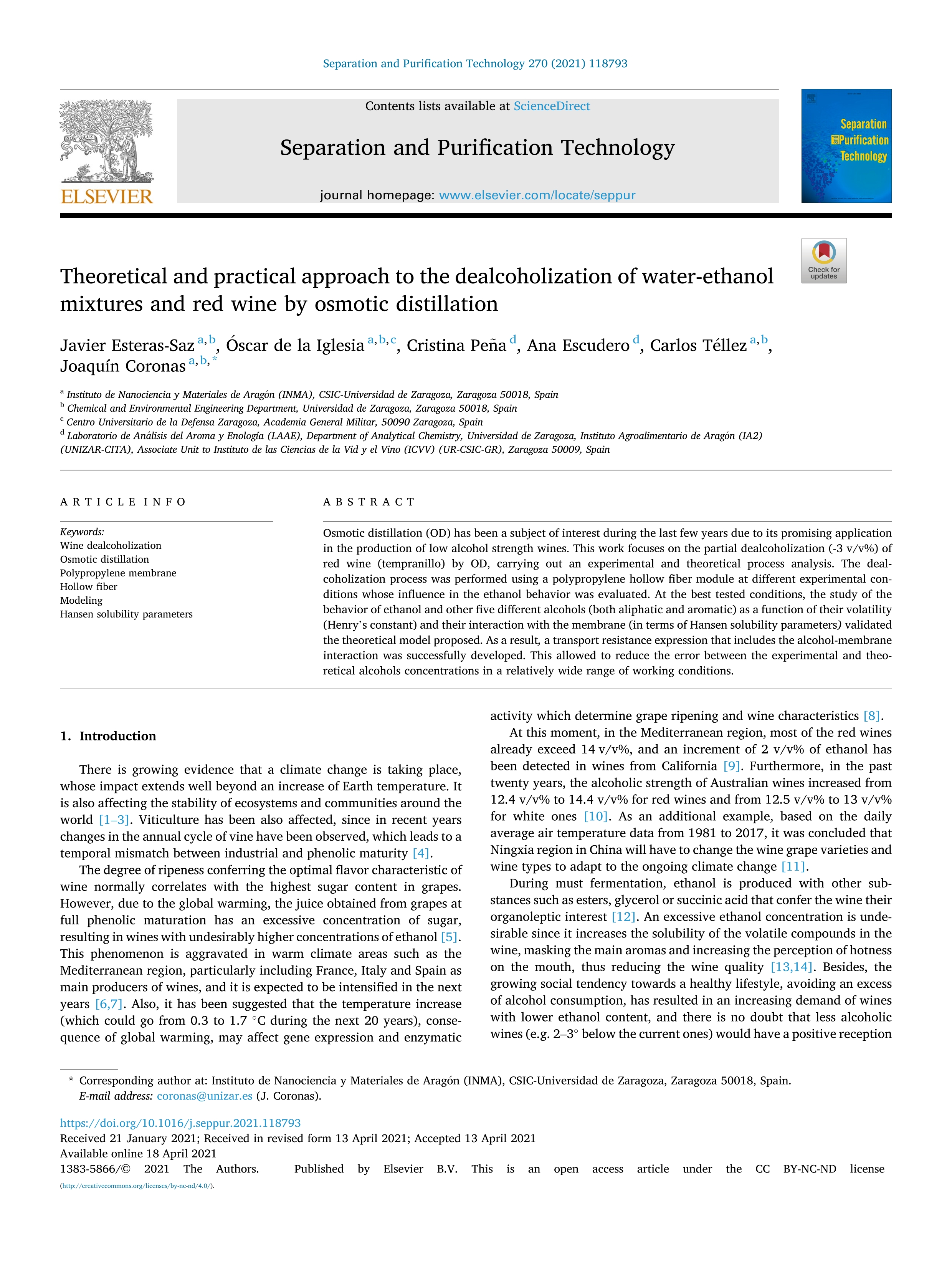 Theoretical and practical approach to the dealcoholization of water-ethanol mixtures and red wine by osmotic distillation
