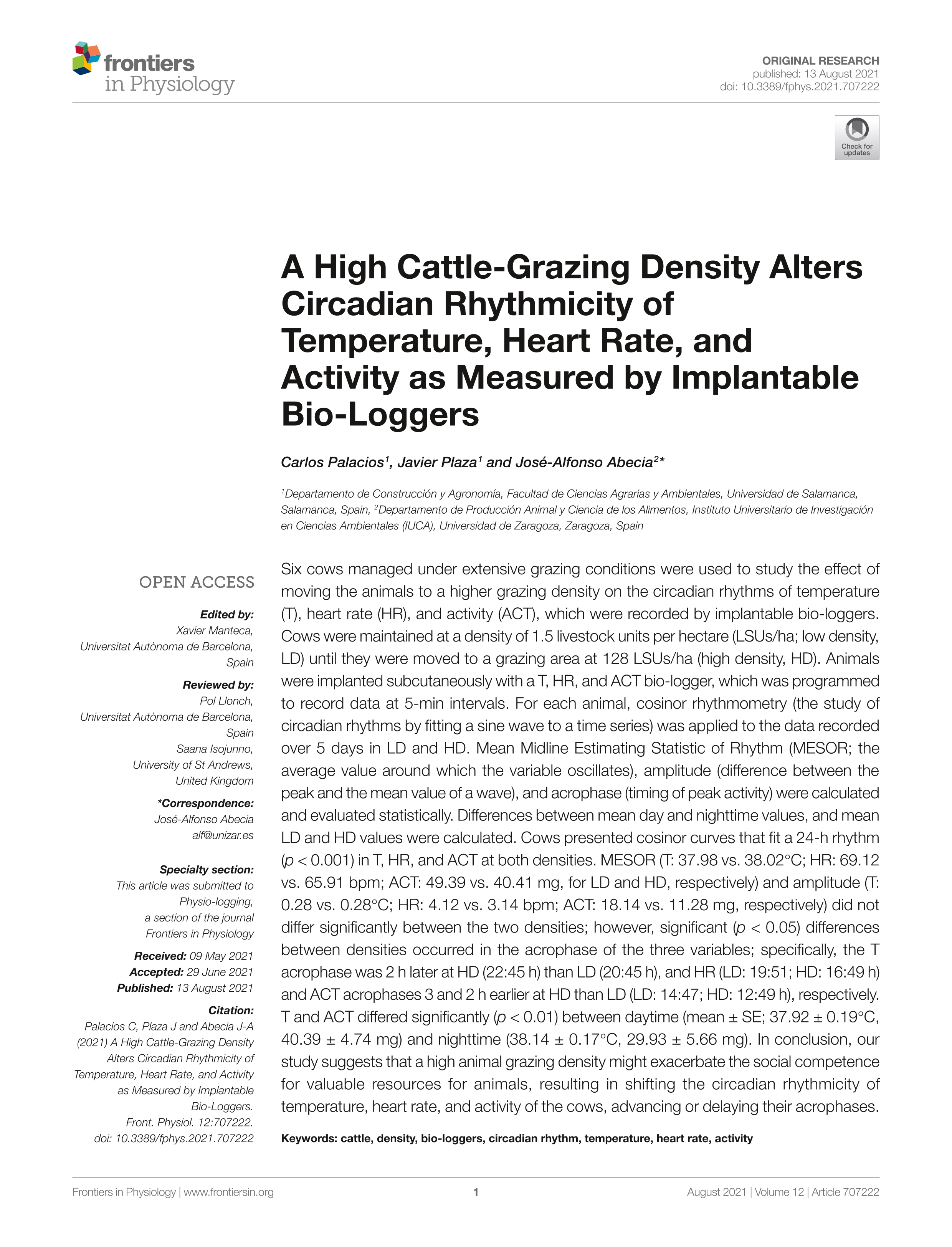 A High Cattle-Grazing Density Alters Circadian Rhythmicity of Temperature, Heart Rate, and Activity as Measured by Implantable Bio-Loggers