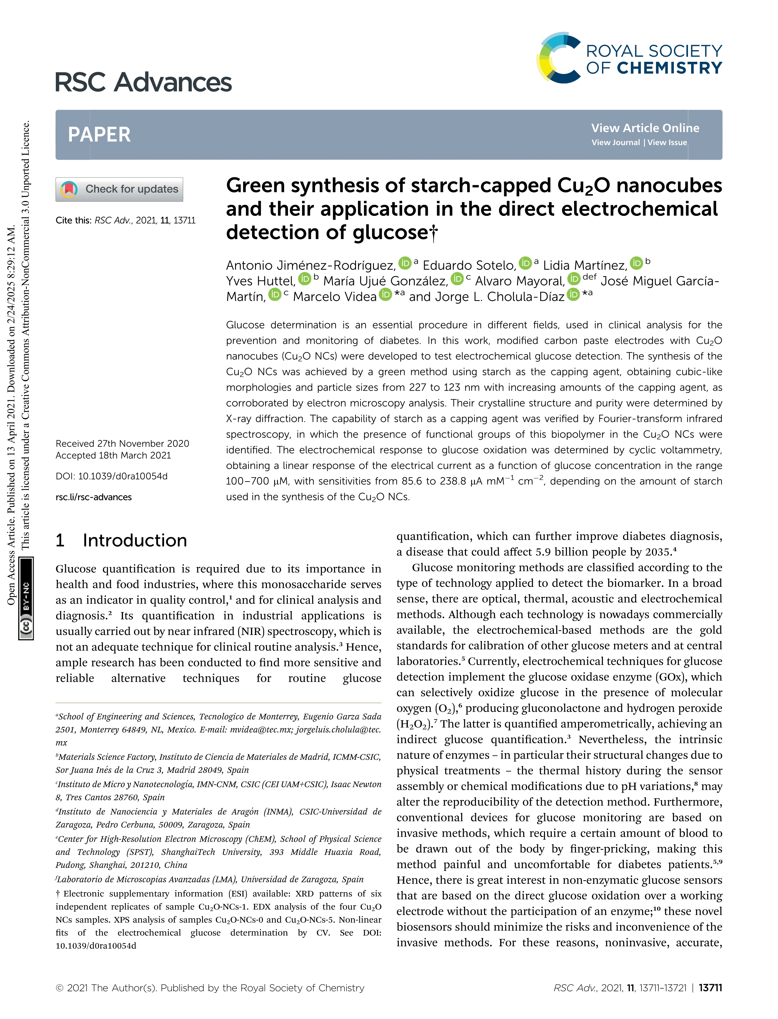Green synthesis of starch-capped Cu2O nanocubes and their application in the direct electrochemical detection of glucose