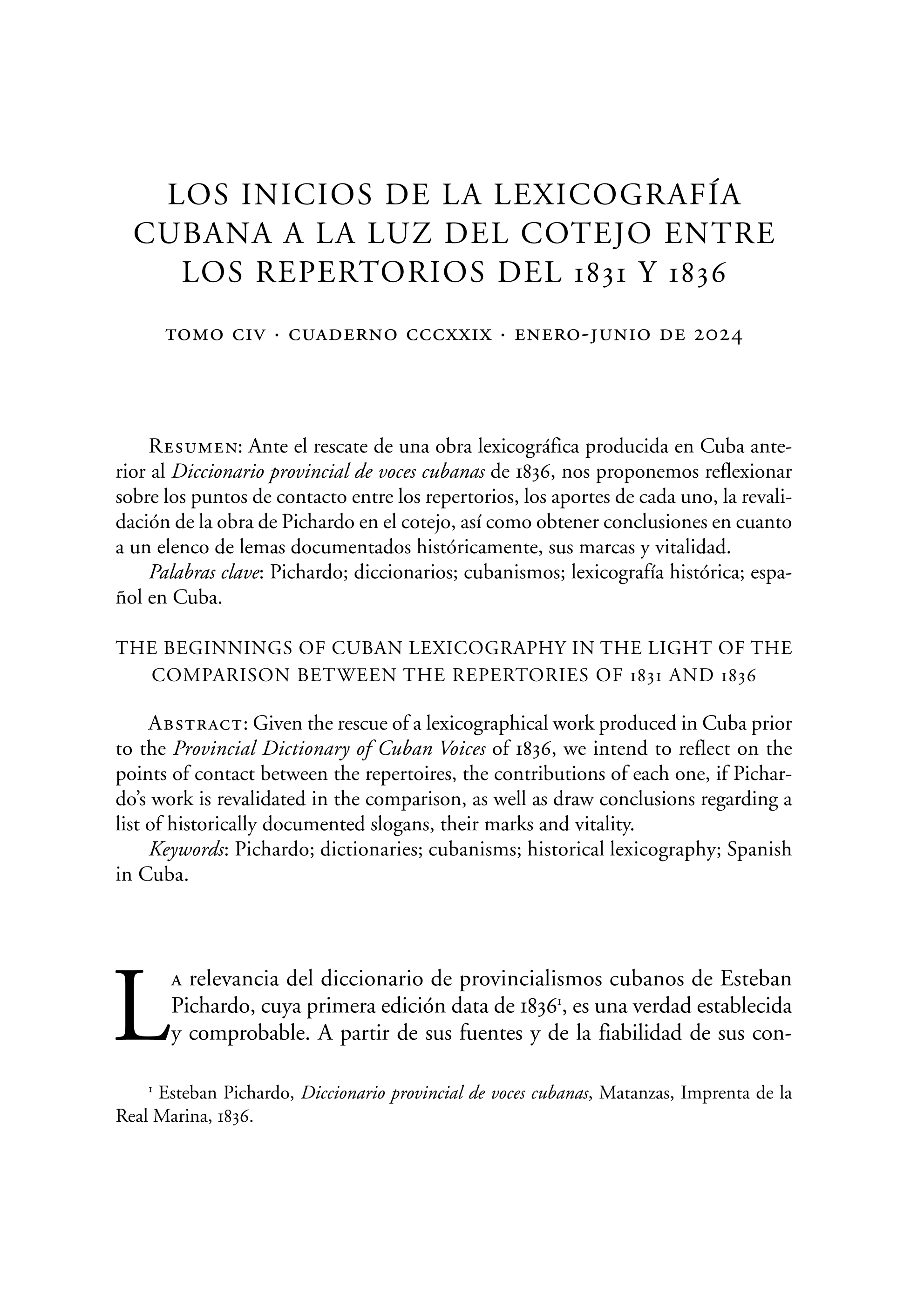 Los inicios de la lexicografía cubana a la luz del cotejo entre  los repertorios del 1831 y 1836