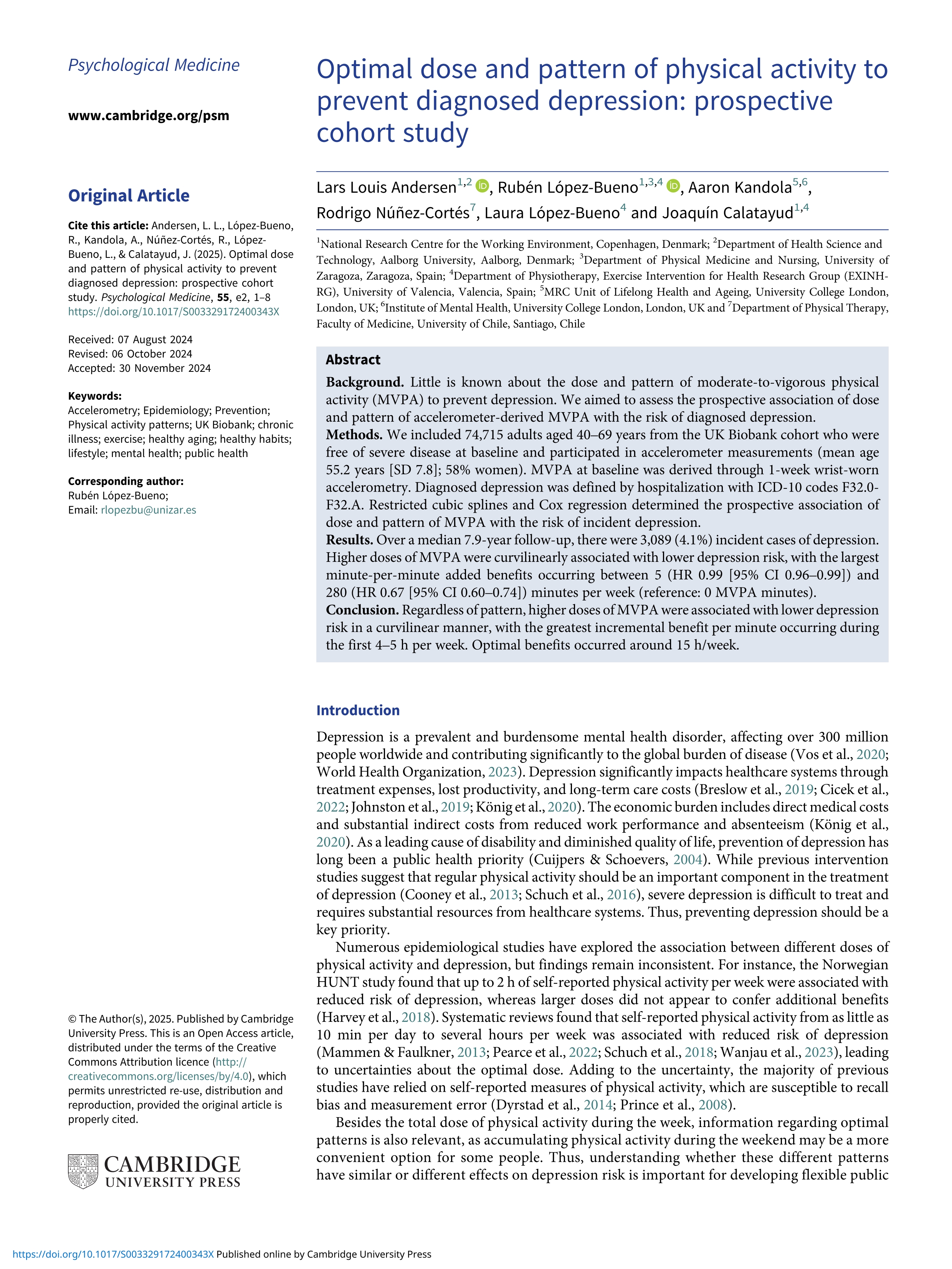 Optimal dose and pattern of physical activity to prevent diagnosed depression: prospective cohort study