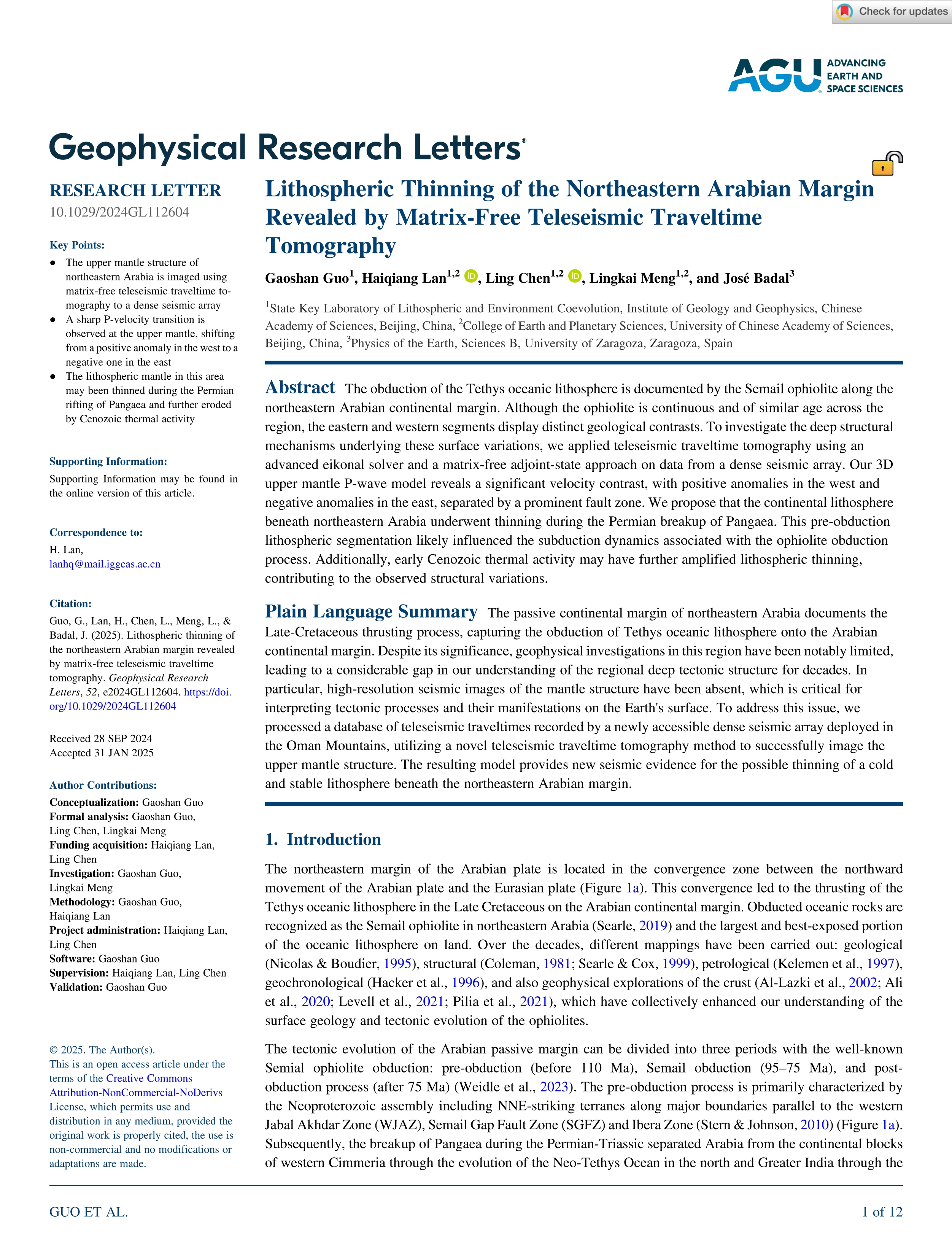 Lithospheric thinning of the northeastern Arabian margin revealed by matrix-free teleseismic traveltime tomography