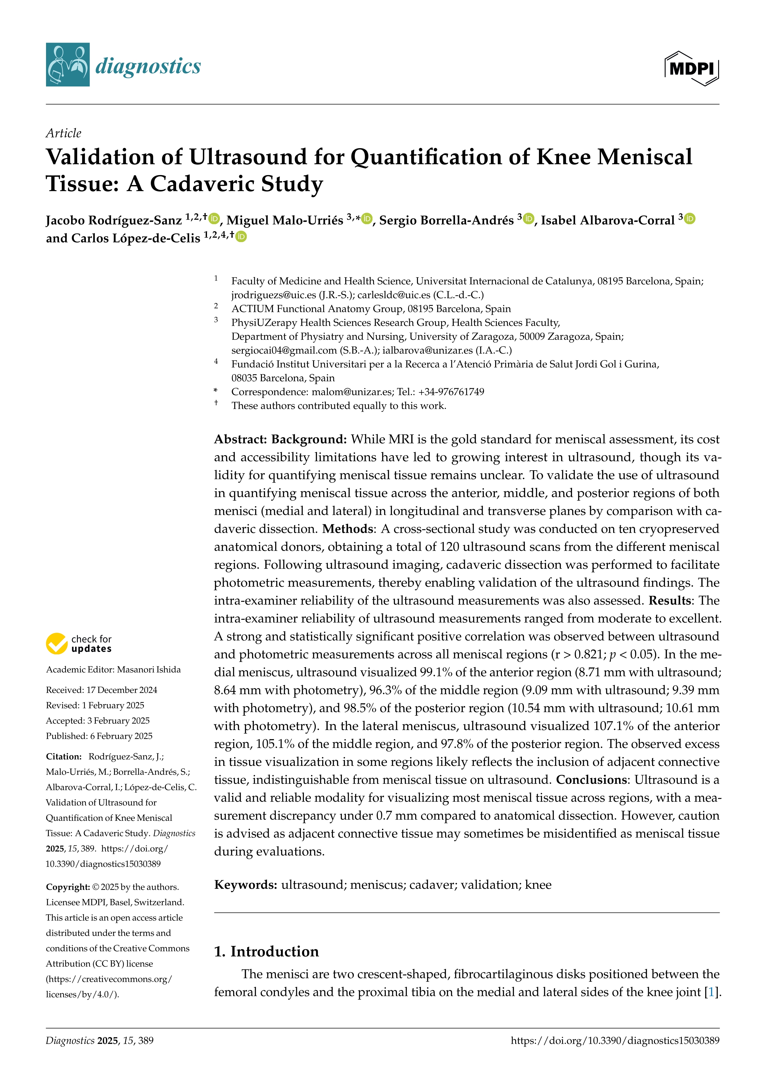 Validation of ultrasound for quantification of knee meniscal tissue: a cadaveric study