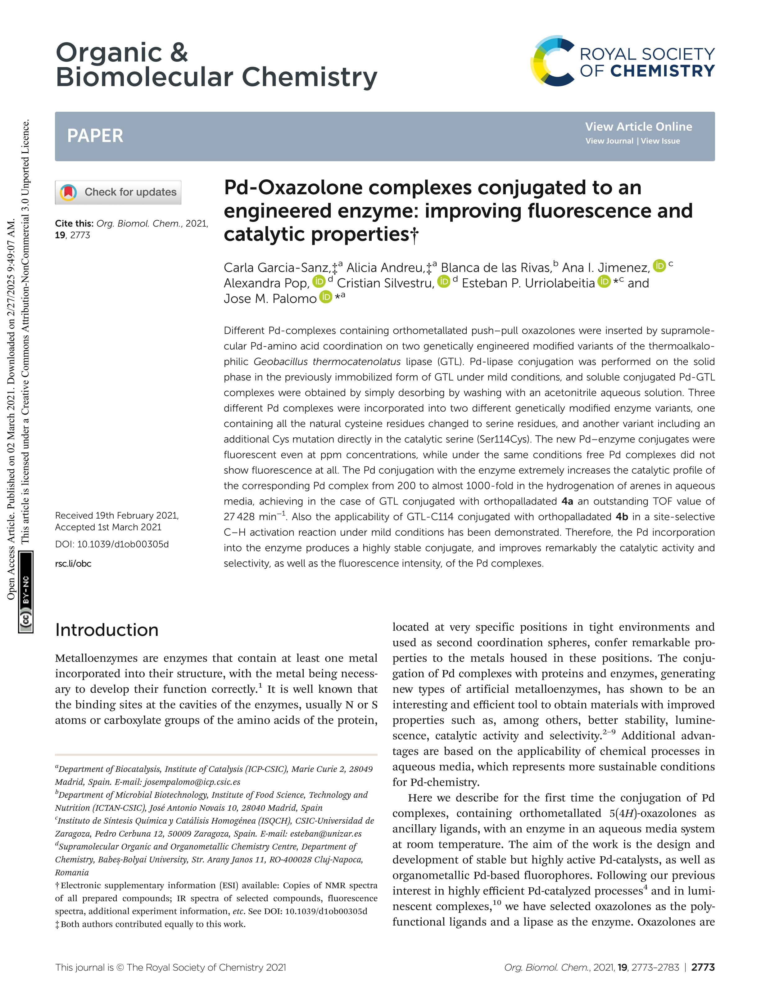 Pd-Oxazolone complexes conjugated to an engineered enzyme: improving fluorescence and catalytic properties