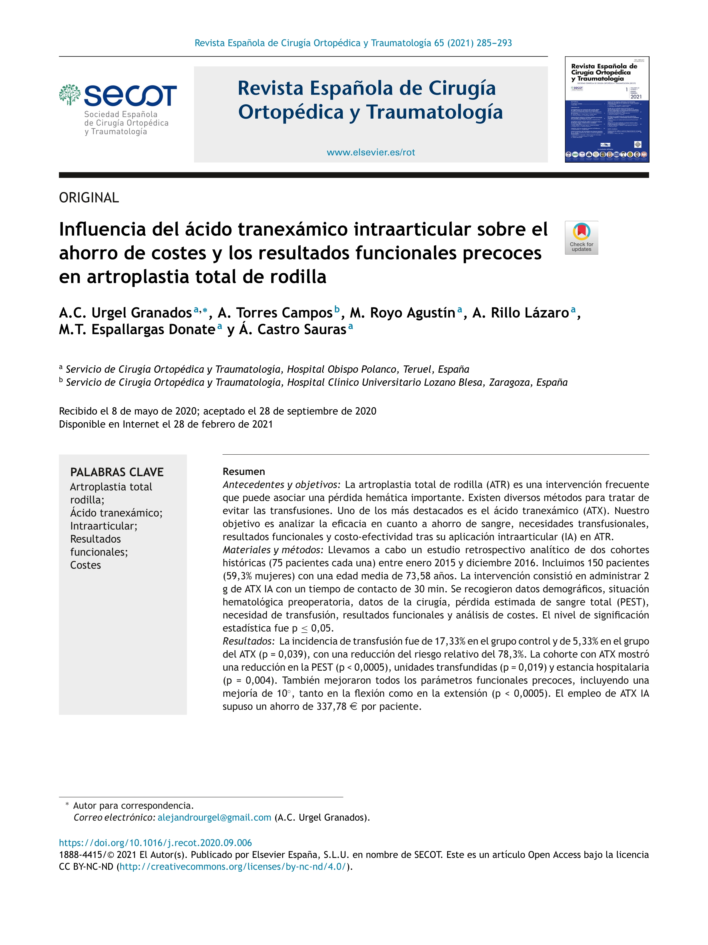 Influencia del ácido tranexámico intraarticular sobre el ahorro de costes y los resultados funcionales precoces en artroplastia total de rodilla