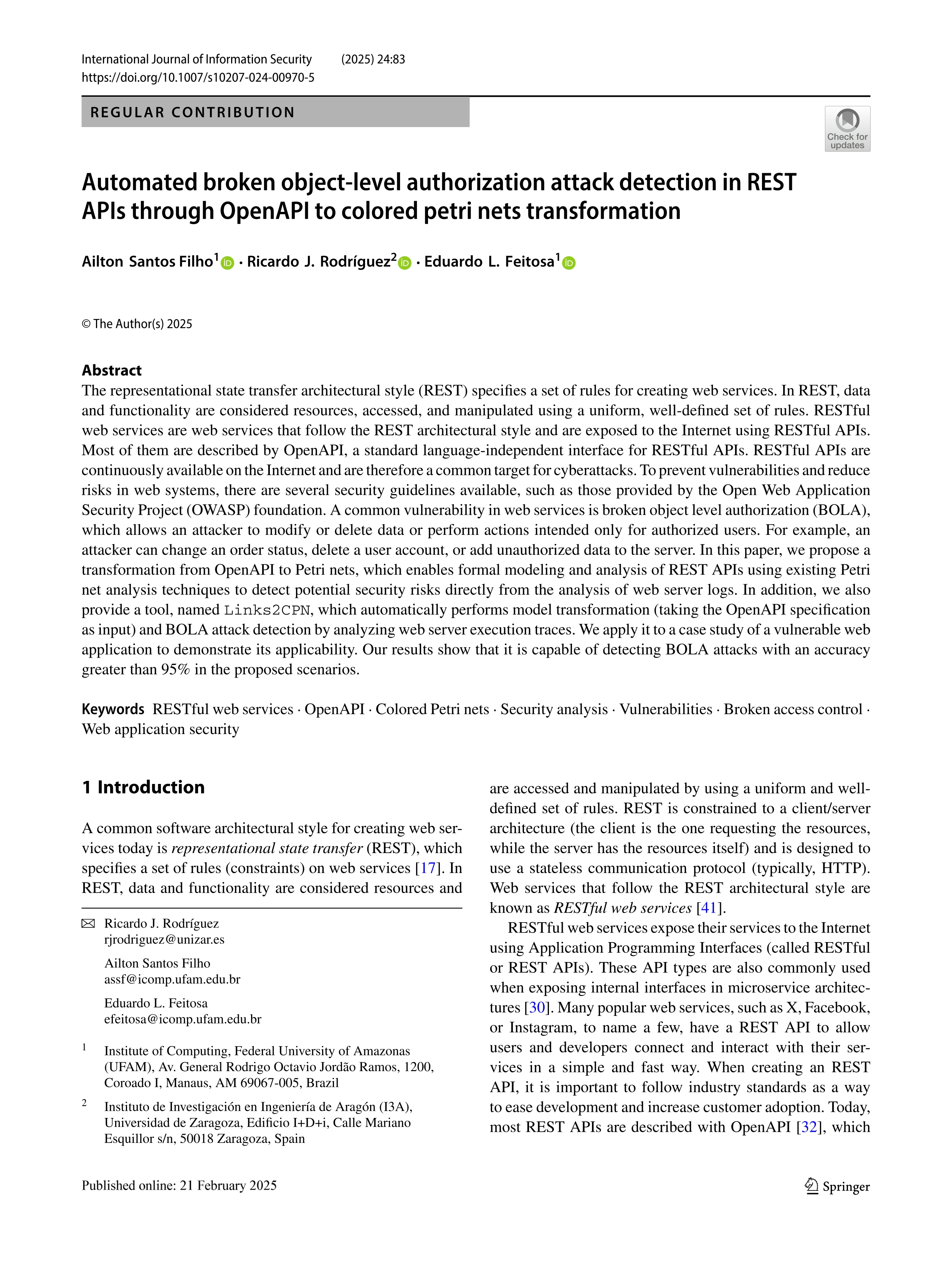 Automated broken object-level authorization attack detection in REST APIs through OpenAPI to colored petri nets transformation