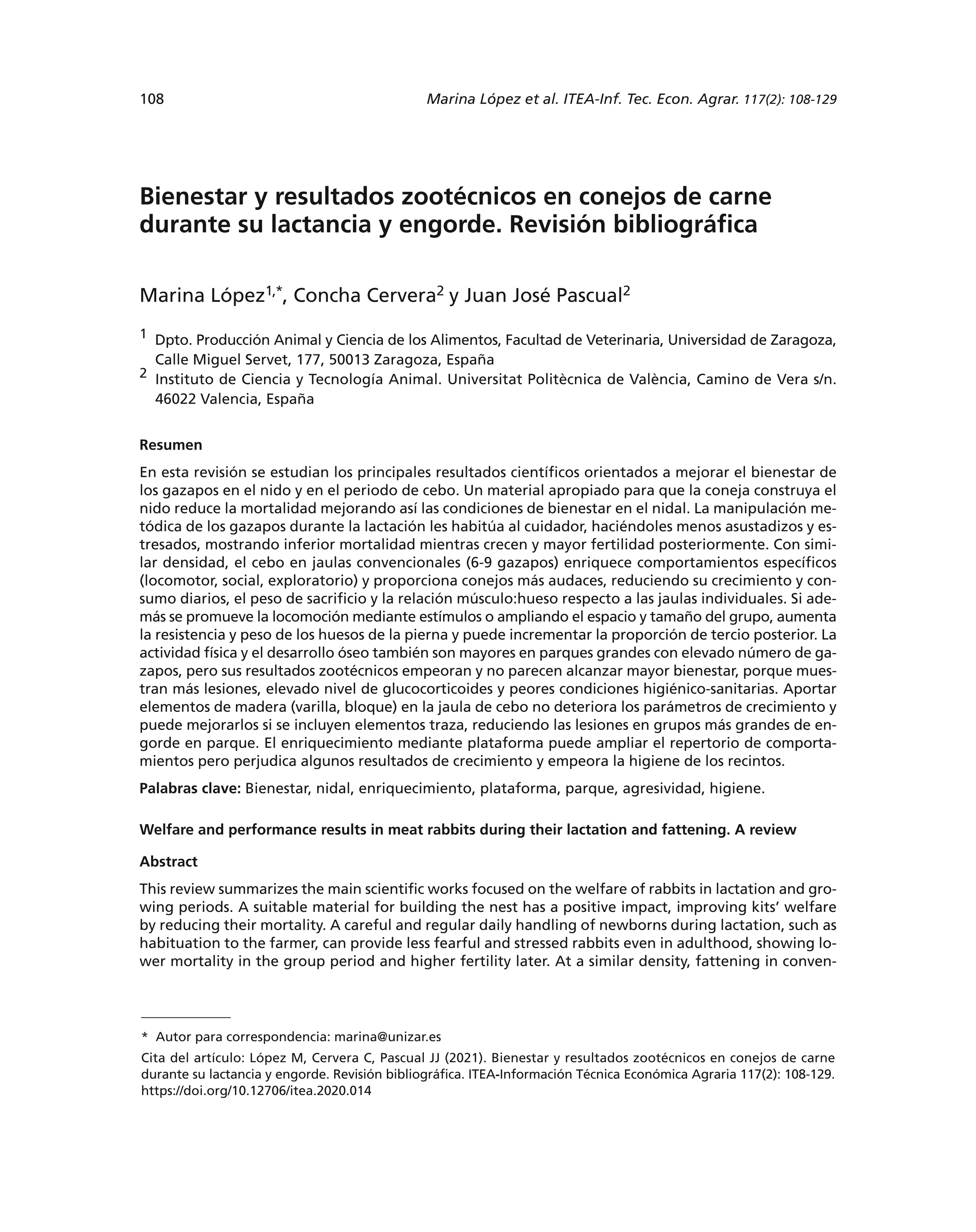 Bienestar y resultados zootécnicos en conejos de carne durante su lactancia y engorde. Revisión bibliográfica