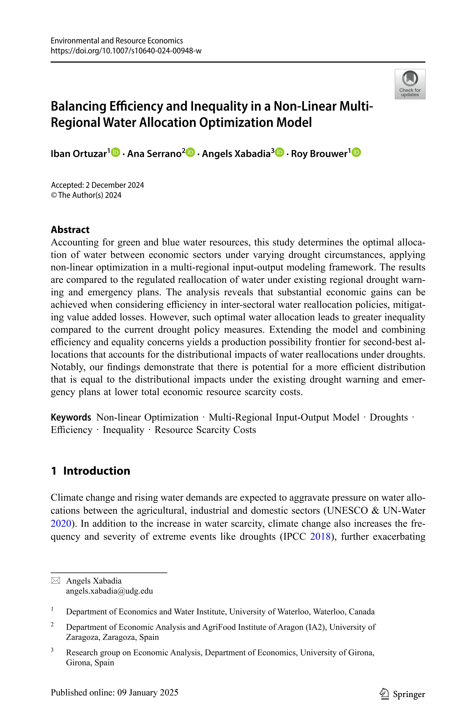 Balancing efficiency and inequality in a non-linear multi-regional water allocation optimization model