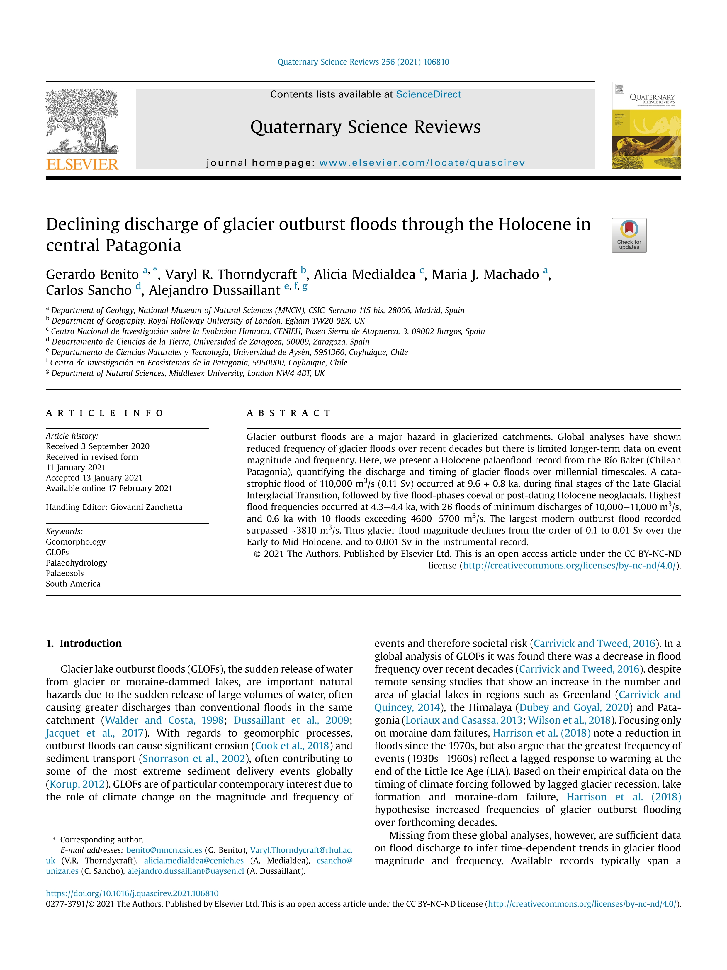 Declining discharge of glacier outburst floods through the Holocene in central Patagonia