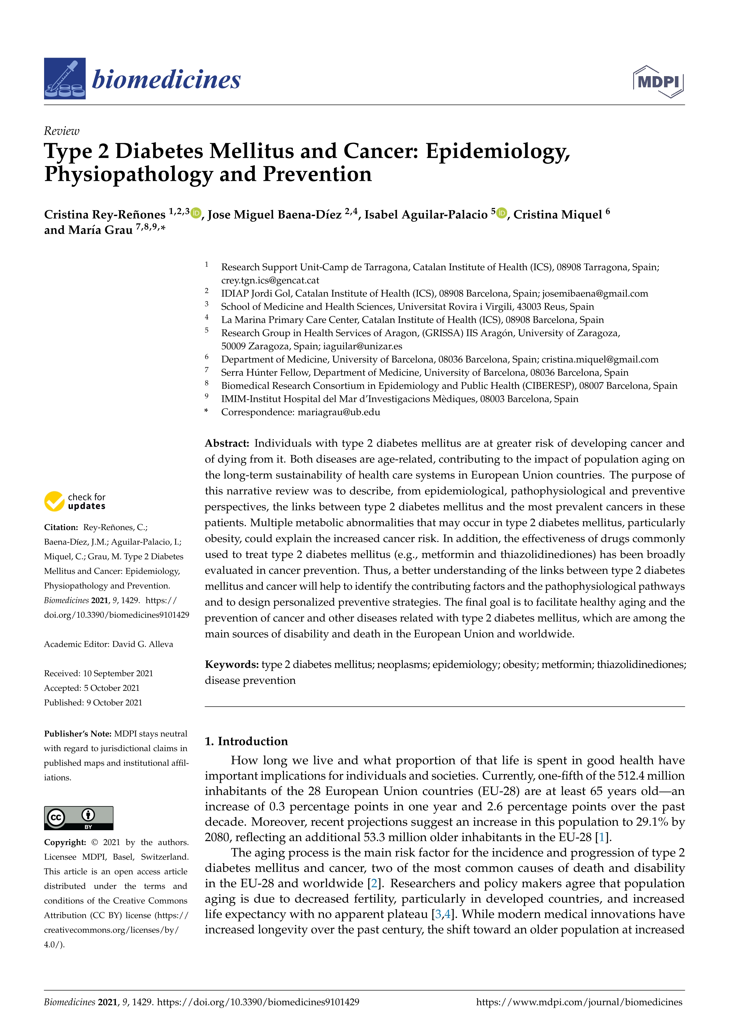 Type 2 diabetes mellitus and cancer: Epidemiology, physiopathology and prevention