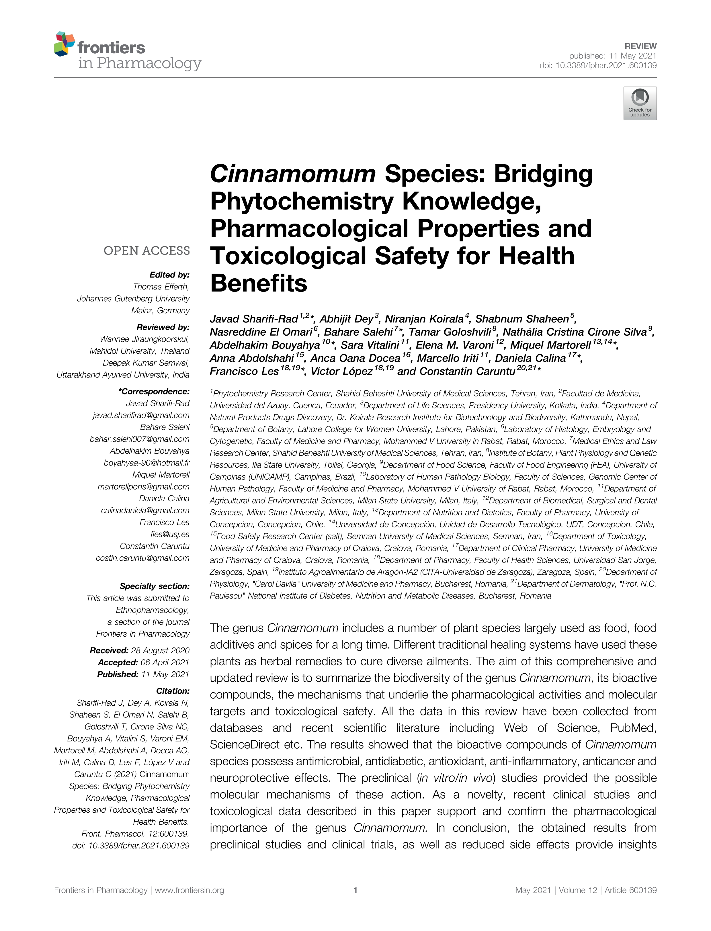 Cinnamomum Species: Bridging Phytochemistry Knowledge, Pharmacological Properties and Toxicological Safety for Health Benefits