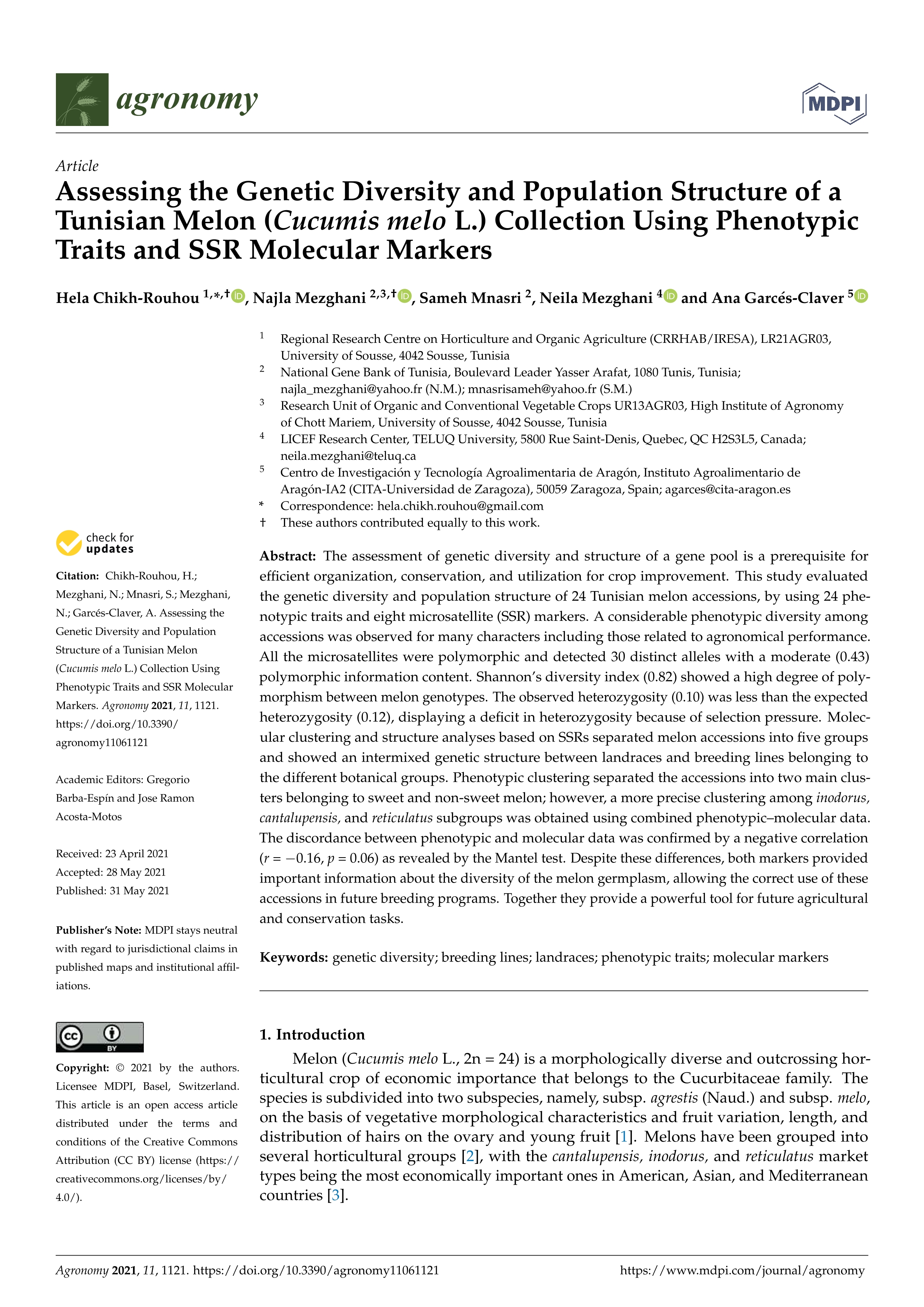 Assessing the genetic diversity and population structure of a tunisian melon (Cucumis melo l.) collection using phenotypic traits and ssr molecular markers