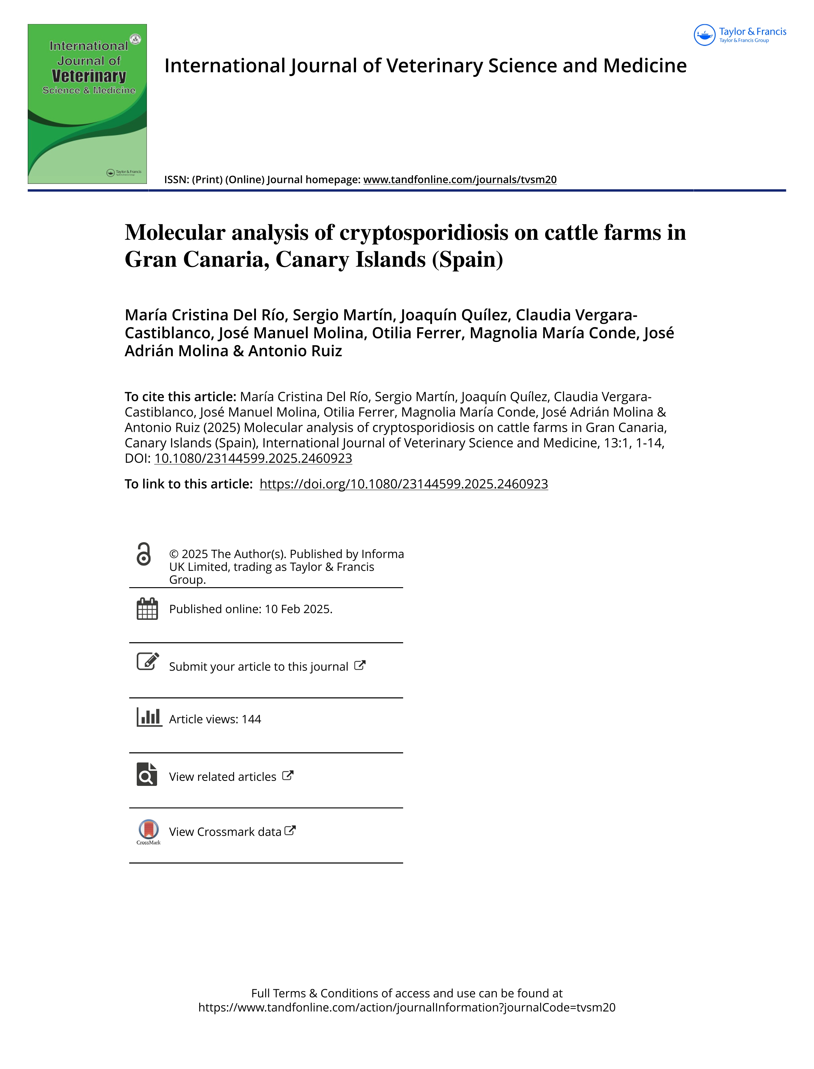 Molecular analysis of cryptosporidiosis on cattle farms in Gran Canaria, Canary Islands (Spain)