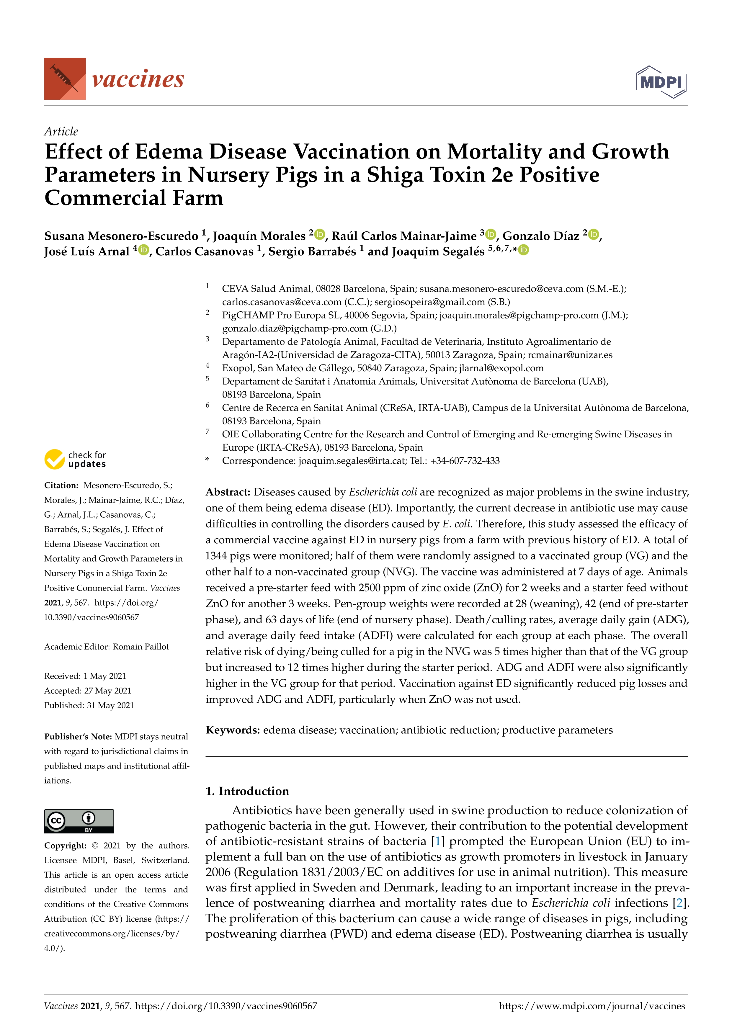 Effect of edema disease vaccination on mortality and growth parameters in nursery pigs in a shiga toxin 2e positive commercial farm
