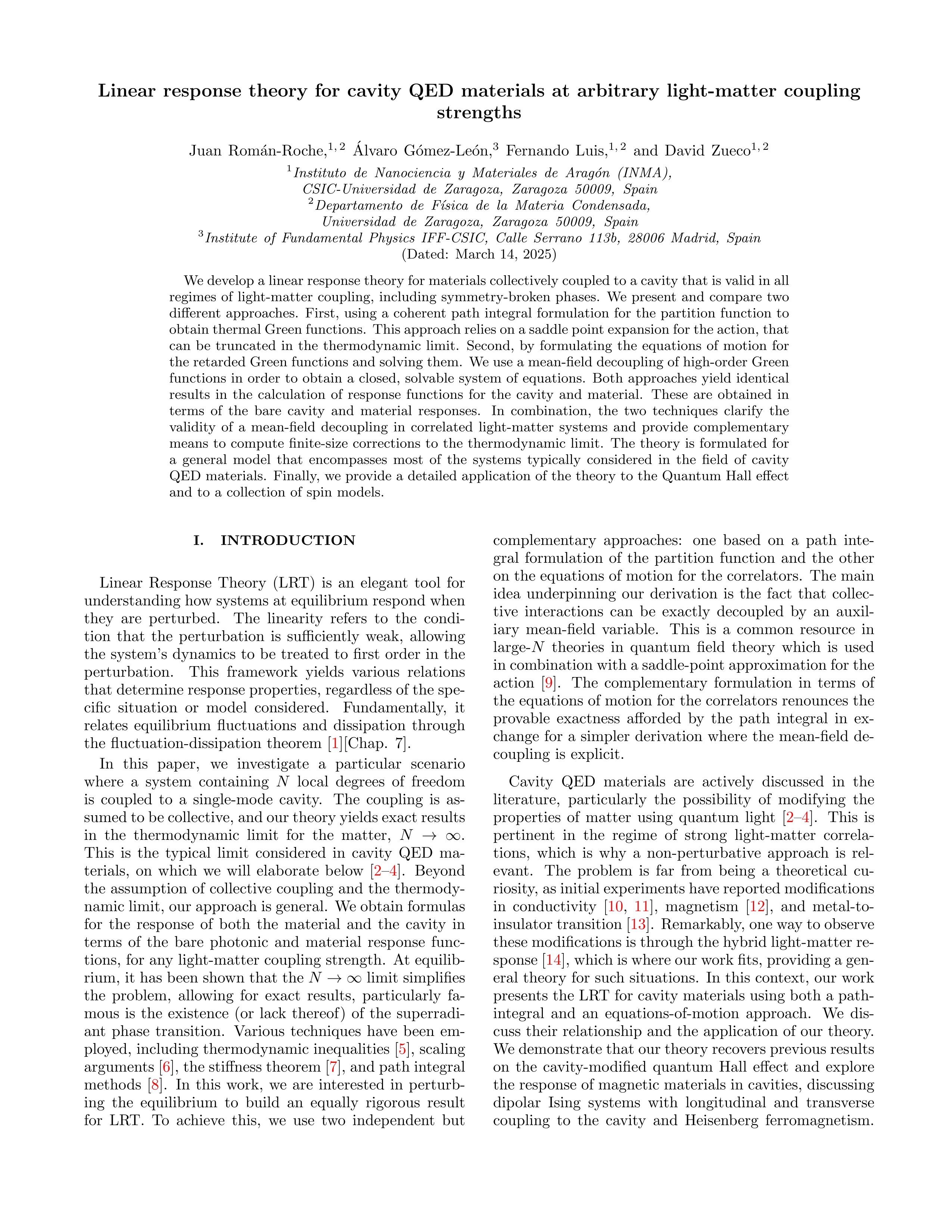 Linear response theory for cavity QED materials at arbitrary light-matter coupling strengths
