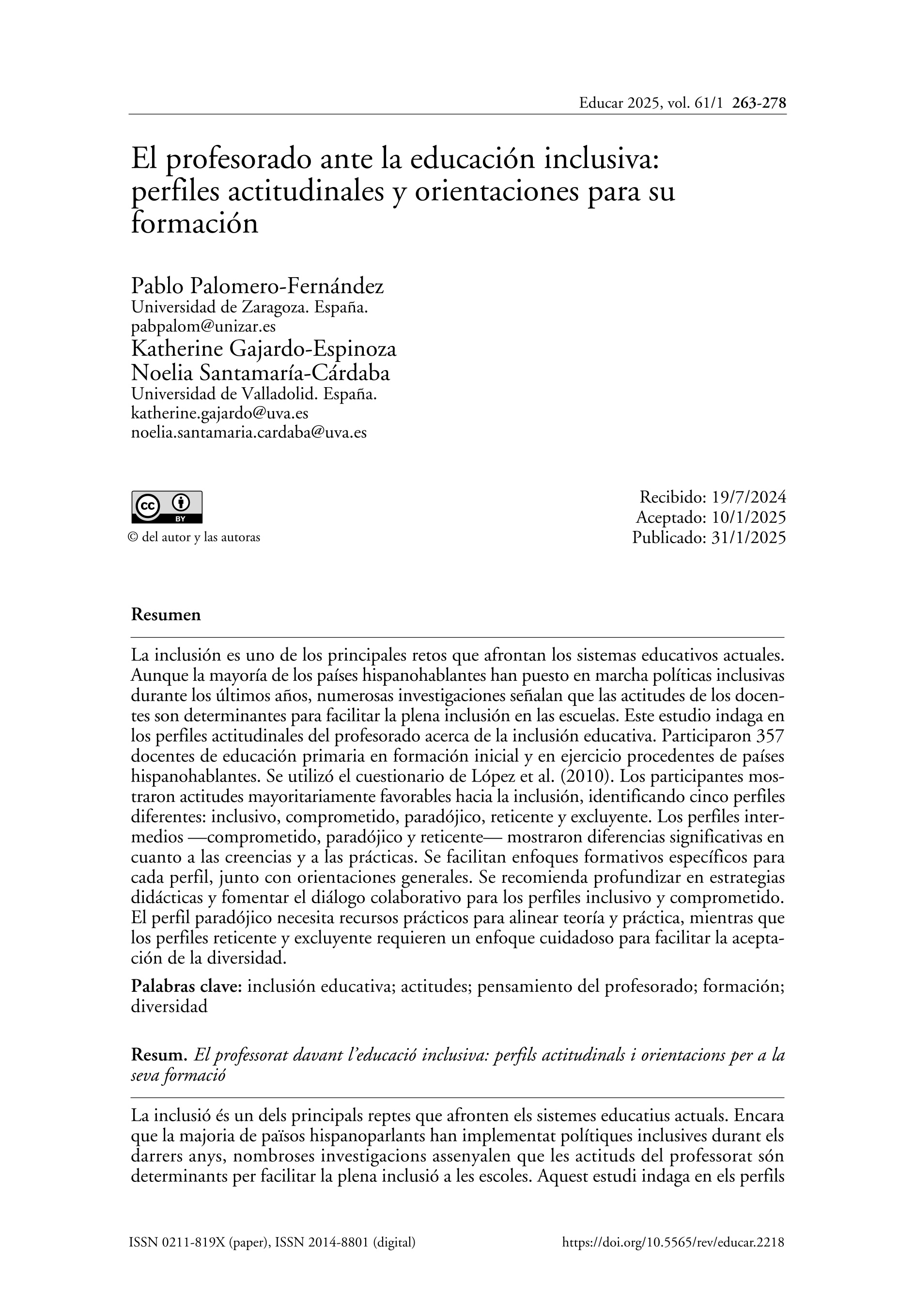El profesorado ante la educación inclusiva: perfiles actitudinales y orientaciones para su formación
