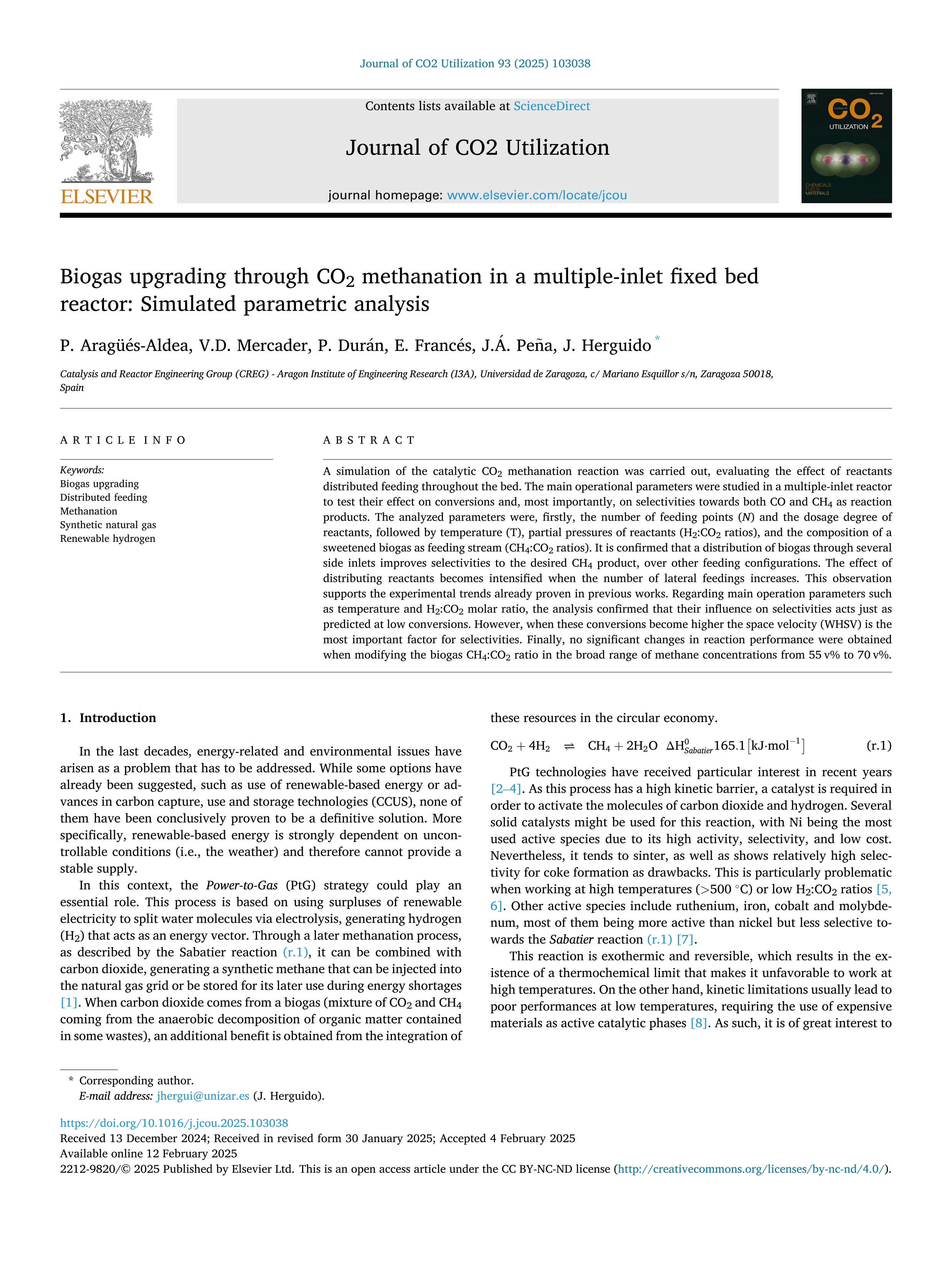 Biogas upgrading through CO2 methanation in a multiple-inlet fixed bed reactor: Simulated parametric analysis