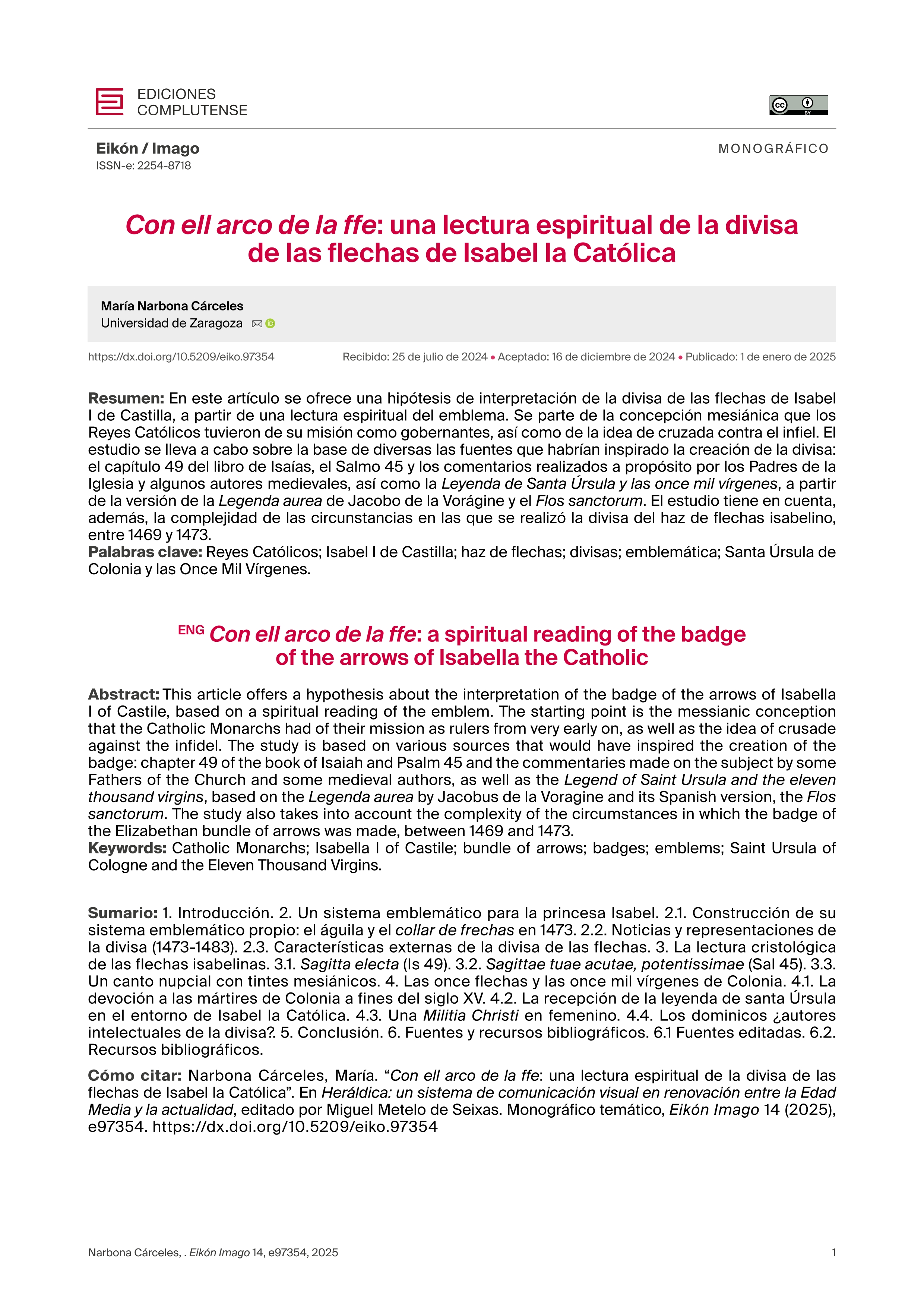 Con ell arco de la ffe: una lectura espiritual de la divisa de las flechas de Isabel la Católica