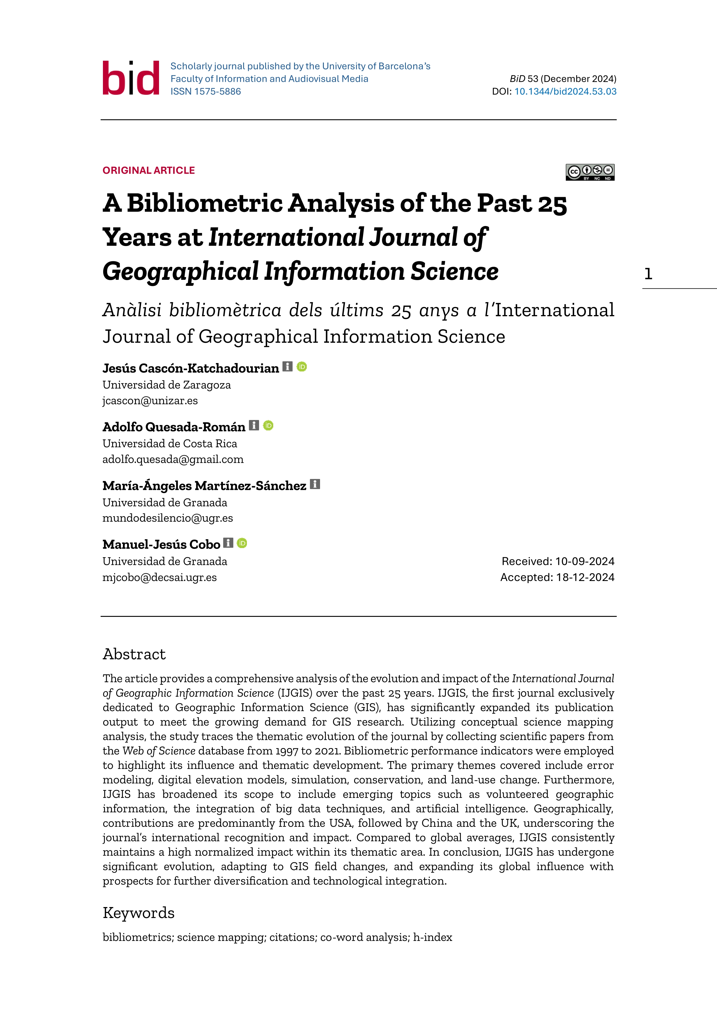 A bibliometric analysis of the past 25 years at International Journal of Geographical Information Science