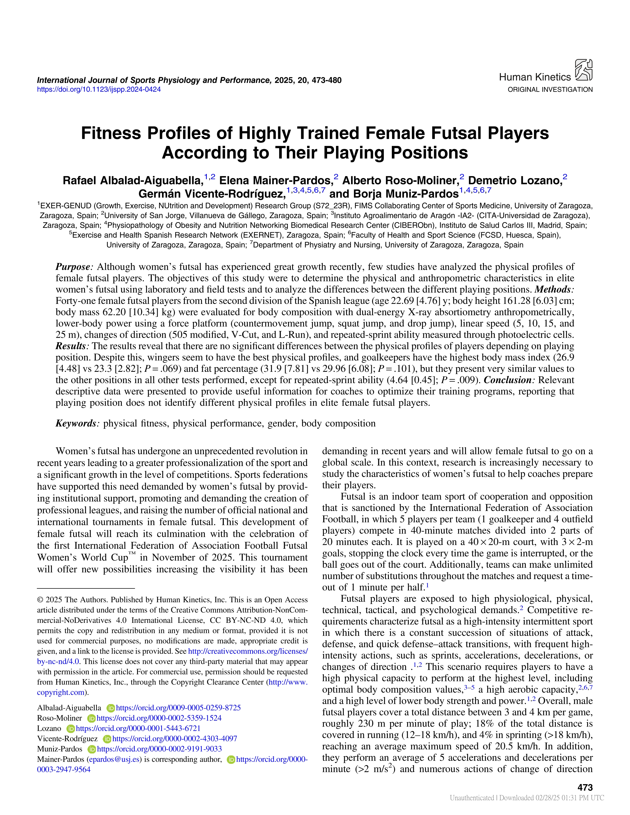 Fitness Profiles of Highly Trained Female Futsal Players According to Their Playing Positions