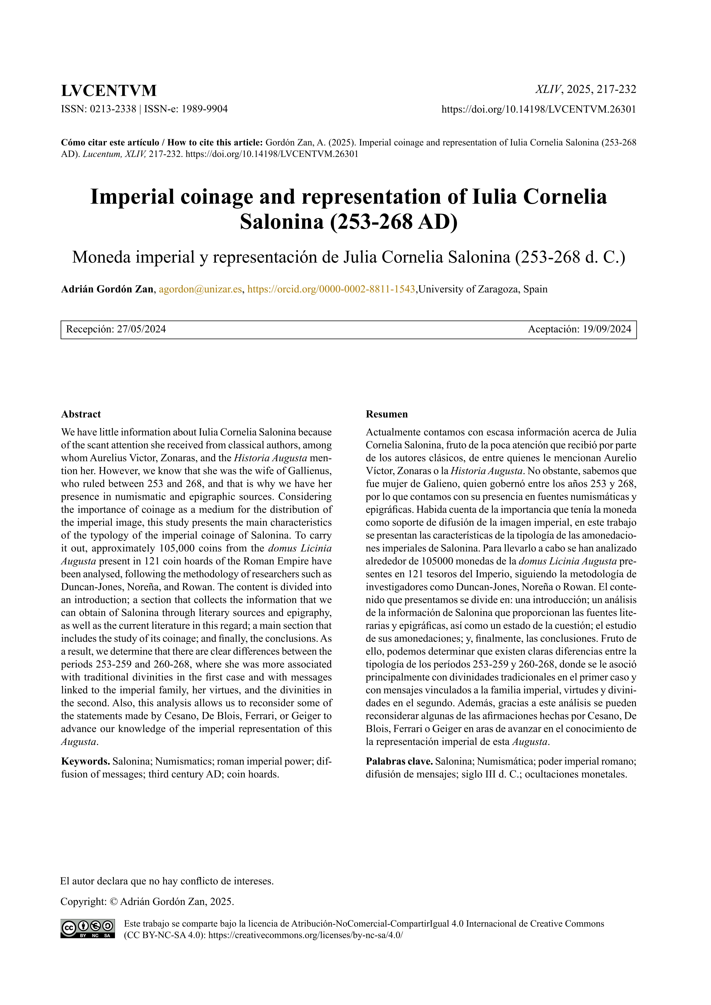 Imperial coinage and representation of Iulia Cornelia Salonina (253-268 AD)