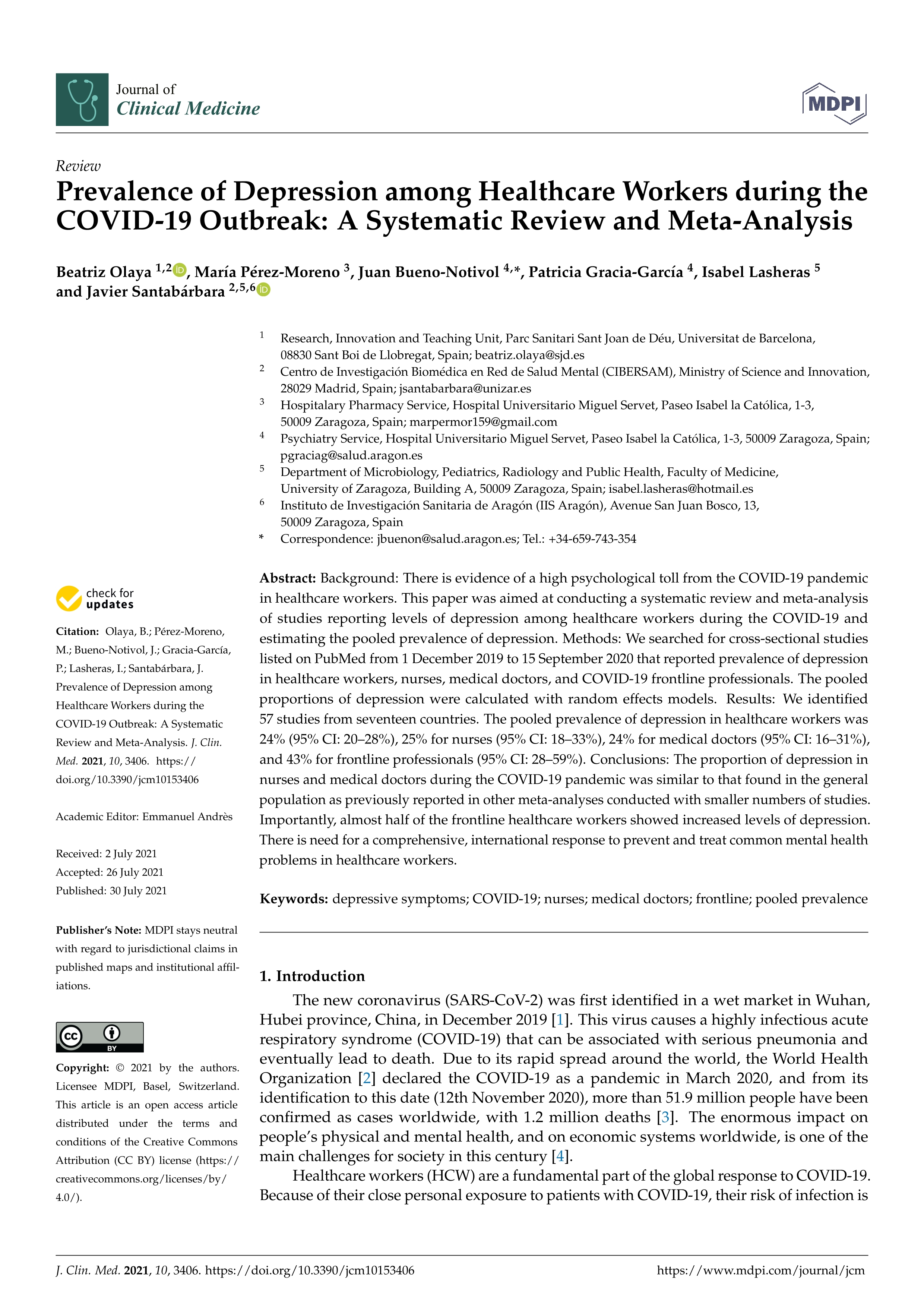Prevalence of depression among healthcare workers during the covid-19 outbreak: A systematic review and meta-analysis