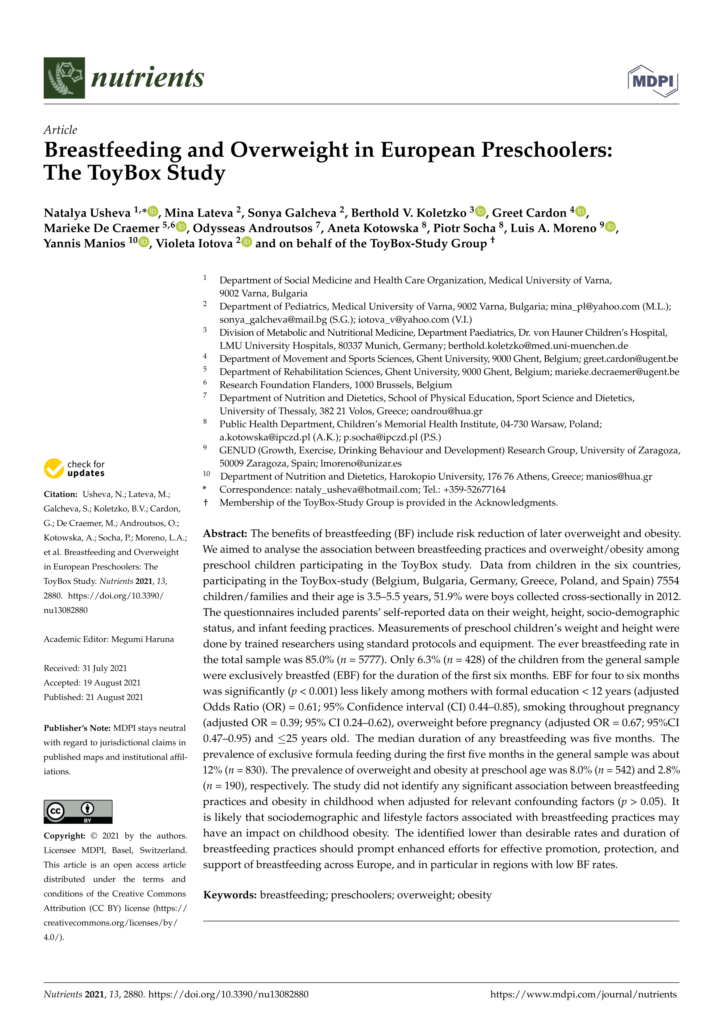 Breastfeeding and overweight in european preschoolers: The toybox study