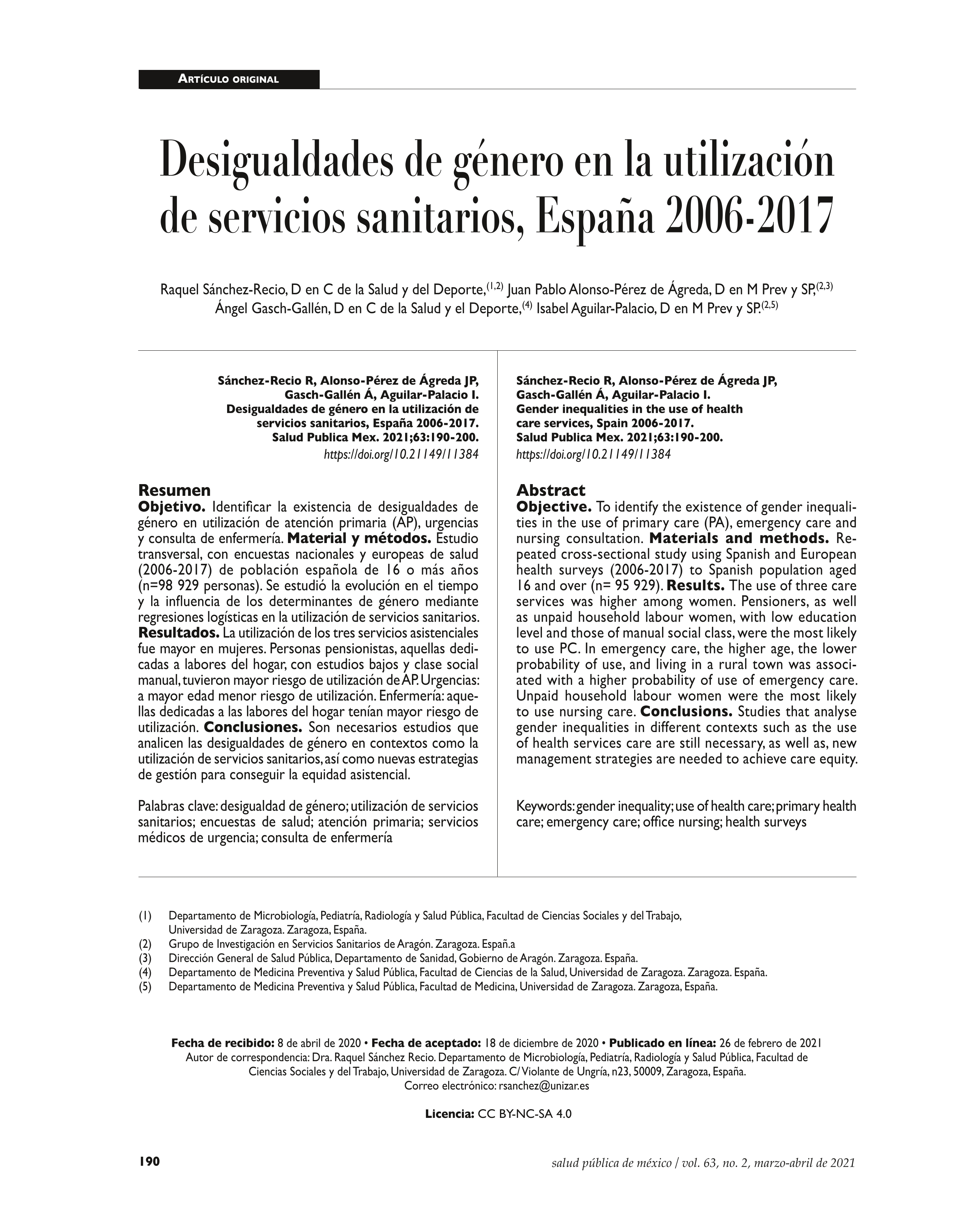 Gender inequalities in the use of health care services, Spain 2006-2017